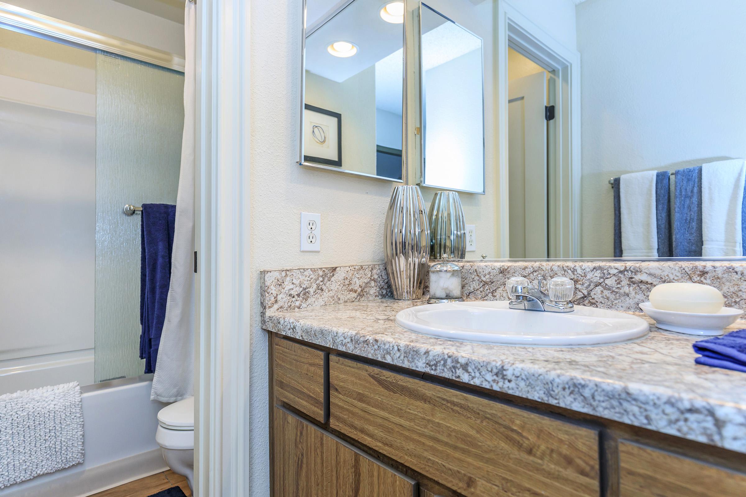 A modern bathroom featuring a vanity with a sink, a mirror, and decorative vases. The countertop is made of granite with light and dark brown tones. There are neatly arranged towels in blue and white, and a glass shower is visible in the background. The overall design is clean and well-lit.