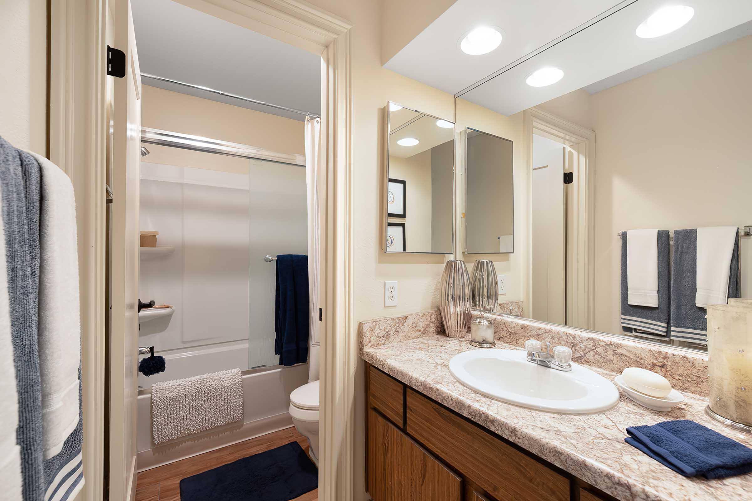 A well-lit bathroom featuring a bathtub with a glass shower door, a modern vanity with a granite countertop, and a mirror above it. The decor includes neatly arranged towels, a decorative vase, and subtle artwork on the walls, creating a clean and inviting atmosphere.