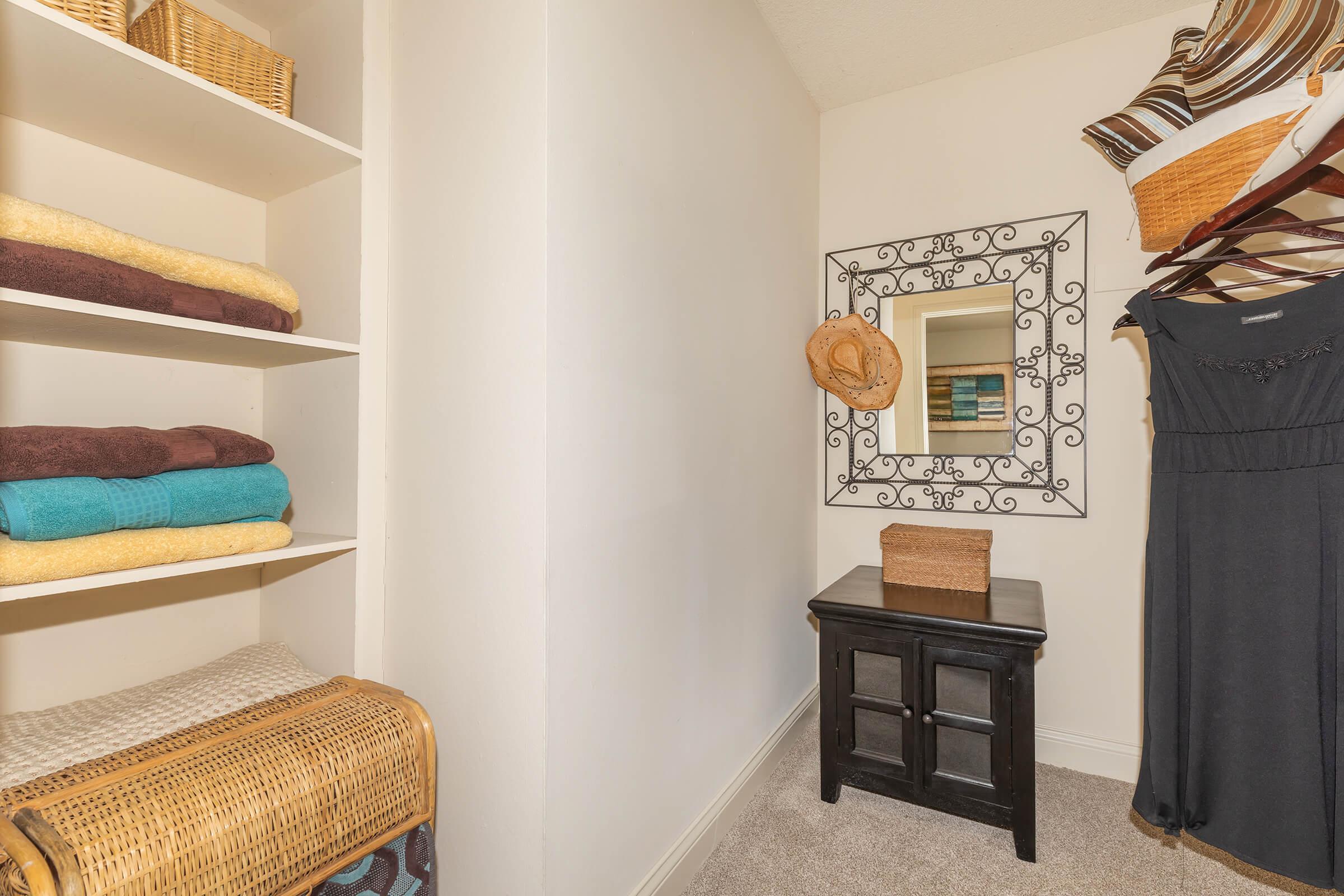 Walk-in closet with hanging clothes