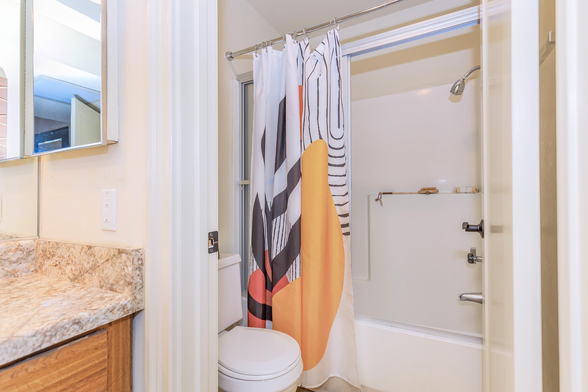 A modern bathroom featuring a shower with a patterned curtain, a white toilet, and a granite countertop. The walls are painted light colors, and there is a mirror above the sink. The overall design is clean and contemporary.