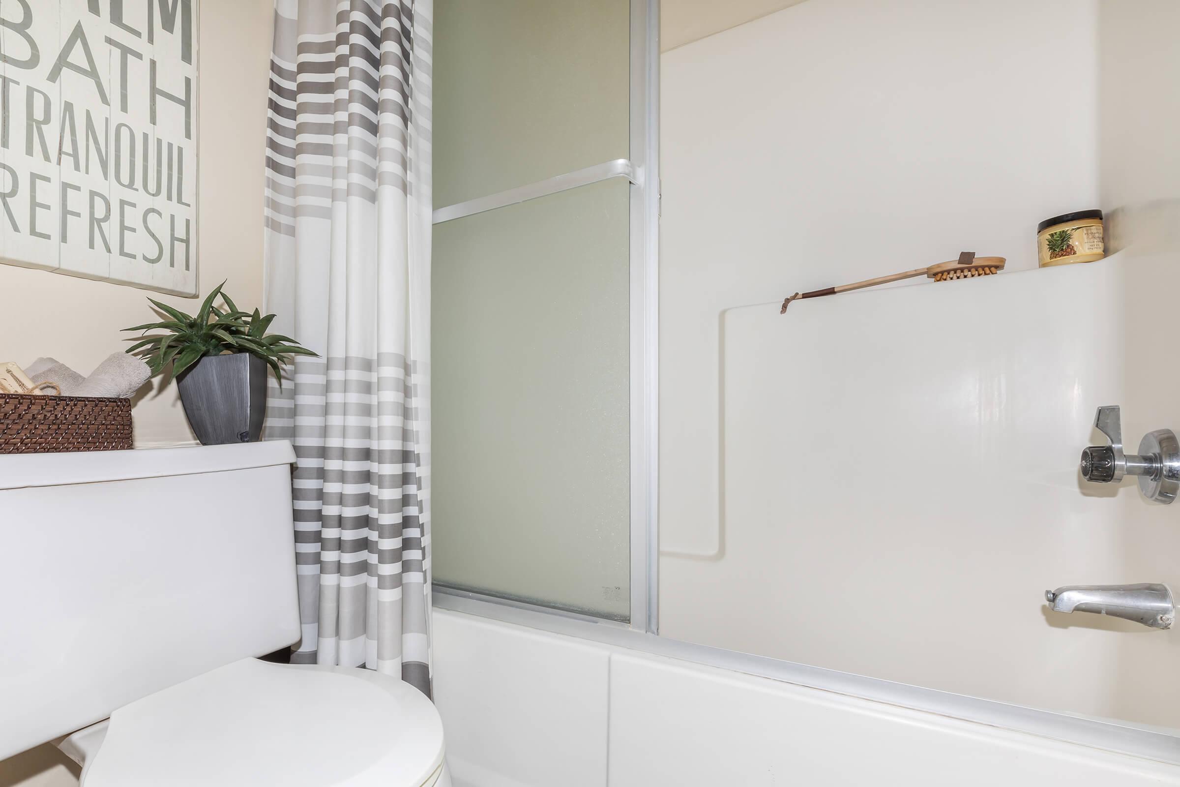 Bathroom with black and white shower curtain