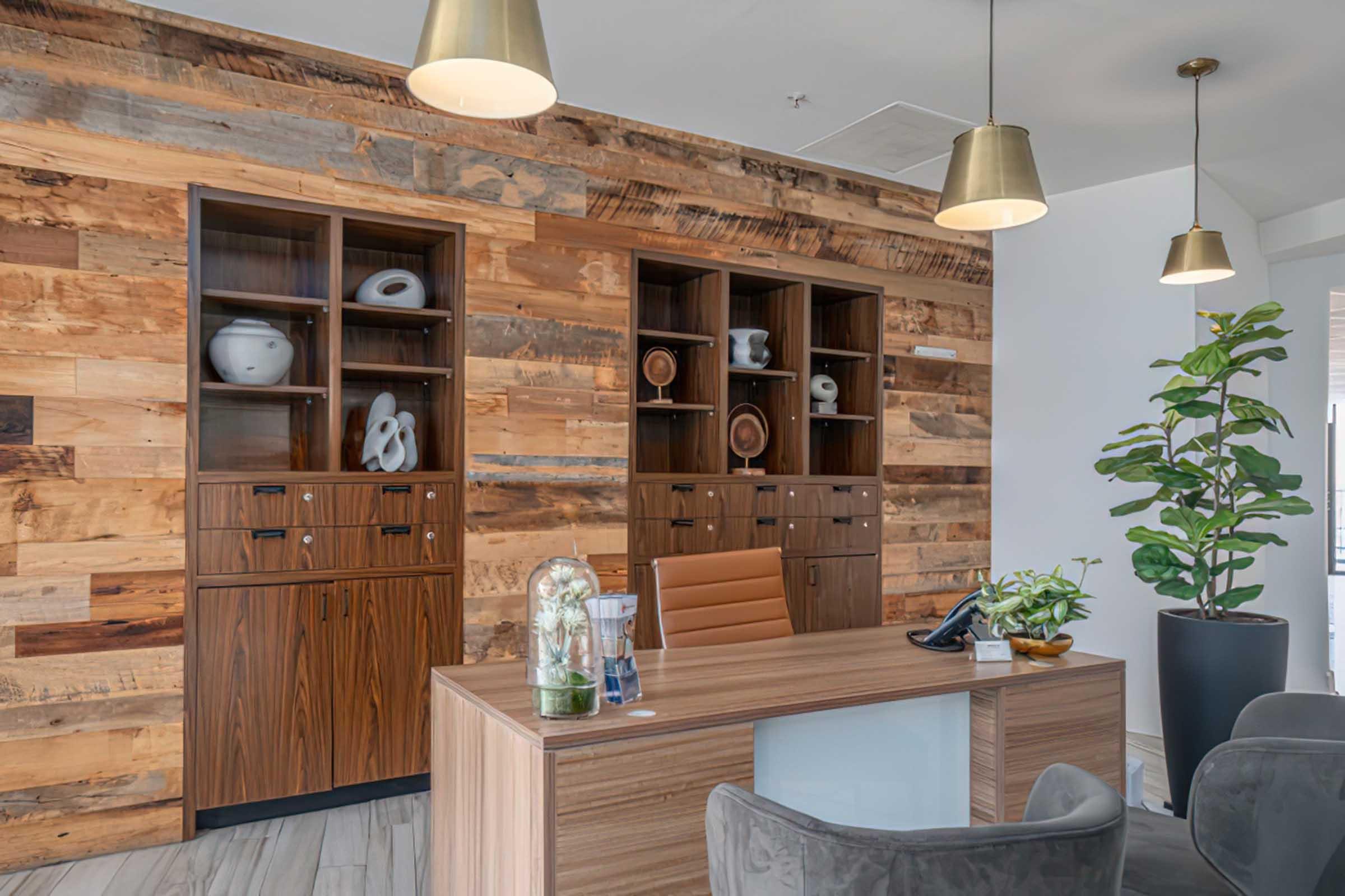 A modern office reception area featuring a wooden accent wall, two shelving units with decorative items, a sleek desk with a chair, a telephone, and plants. The space has a clean and inviting atmosphere with stylish lighting fixtures and a neutral color palette.