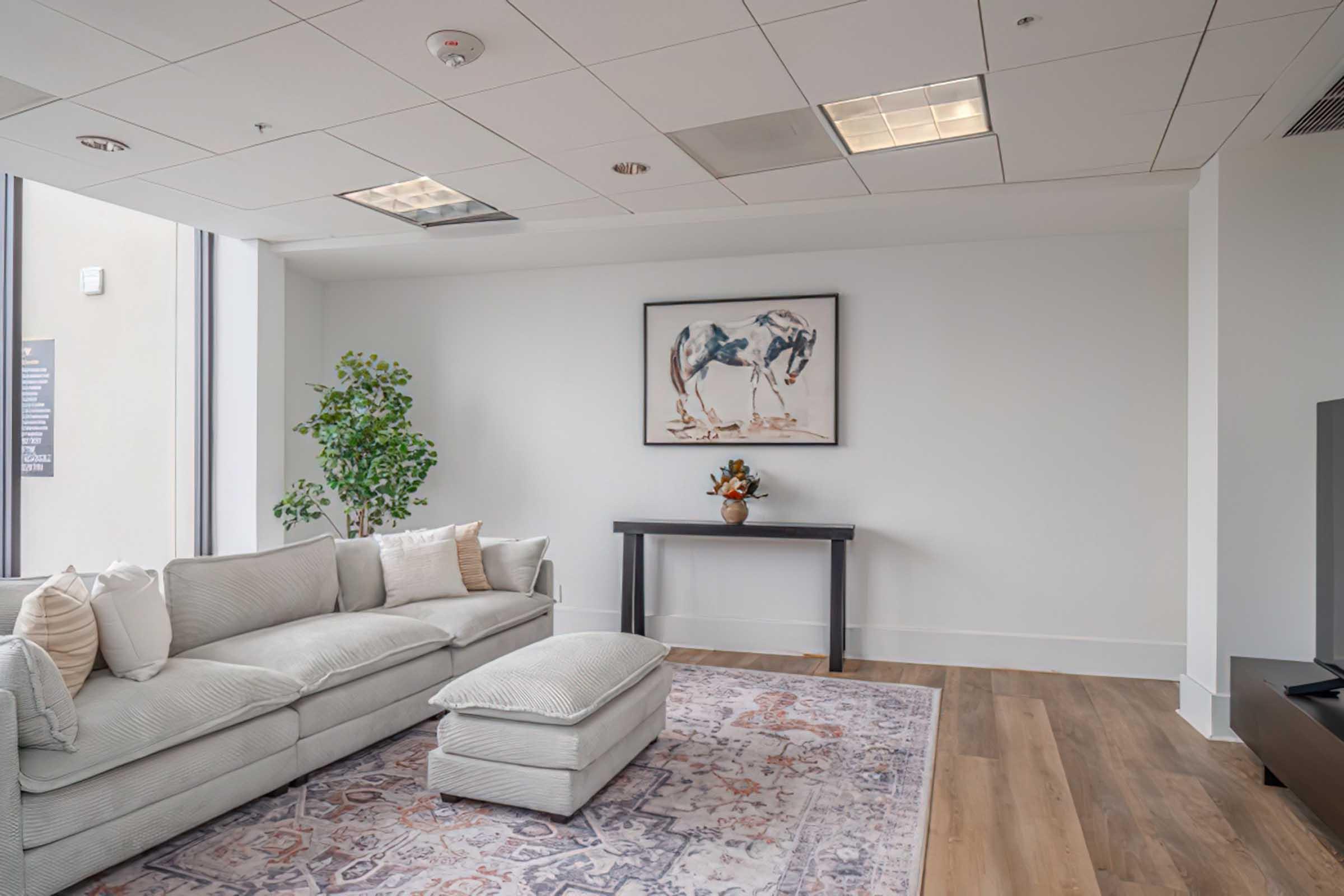 A modern, well-lit lounge area featuring a light-colored sofa with cushions, an ottoman, a small wooden table, and a decorative vase with flowers. A plant is positioned near a window, and a framed art piece of horses hangs on the wall. The flooring is wood, and the overall decor is minimalistic and welcoming.