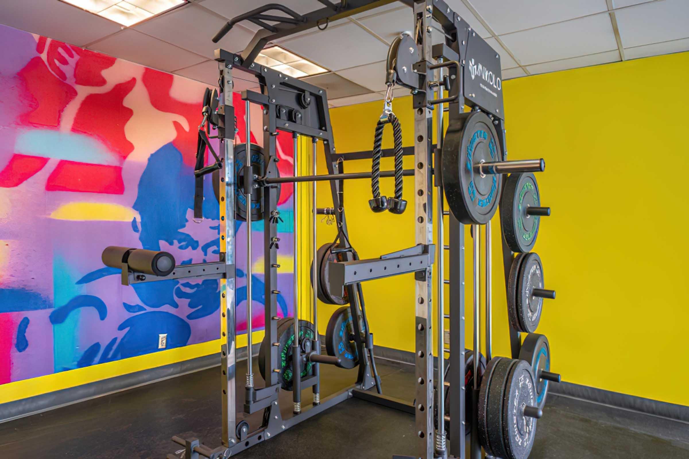 A multi-station gym rig equipped with various weights and attachments, set against a vibrant, colorful wall featuring abstract art in shades of pink, blue, and yellow. The floor is dark, creating a contrast with the bright background.