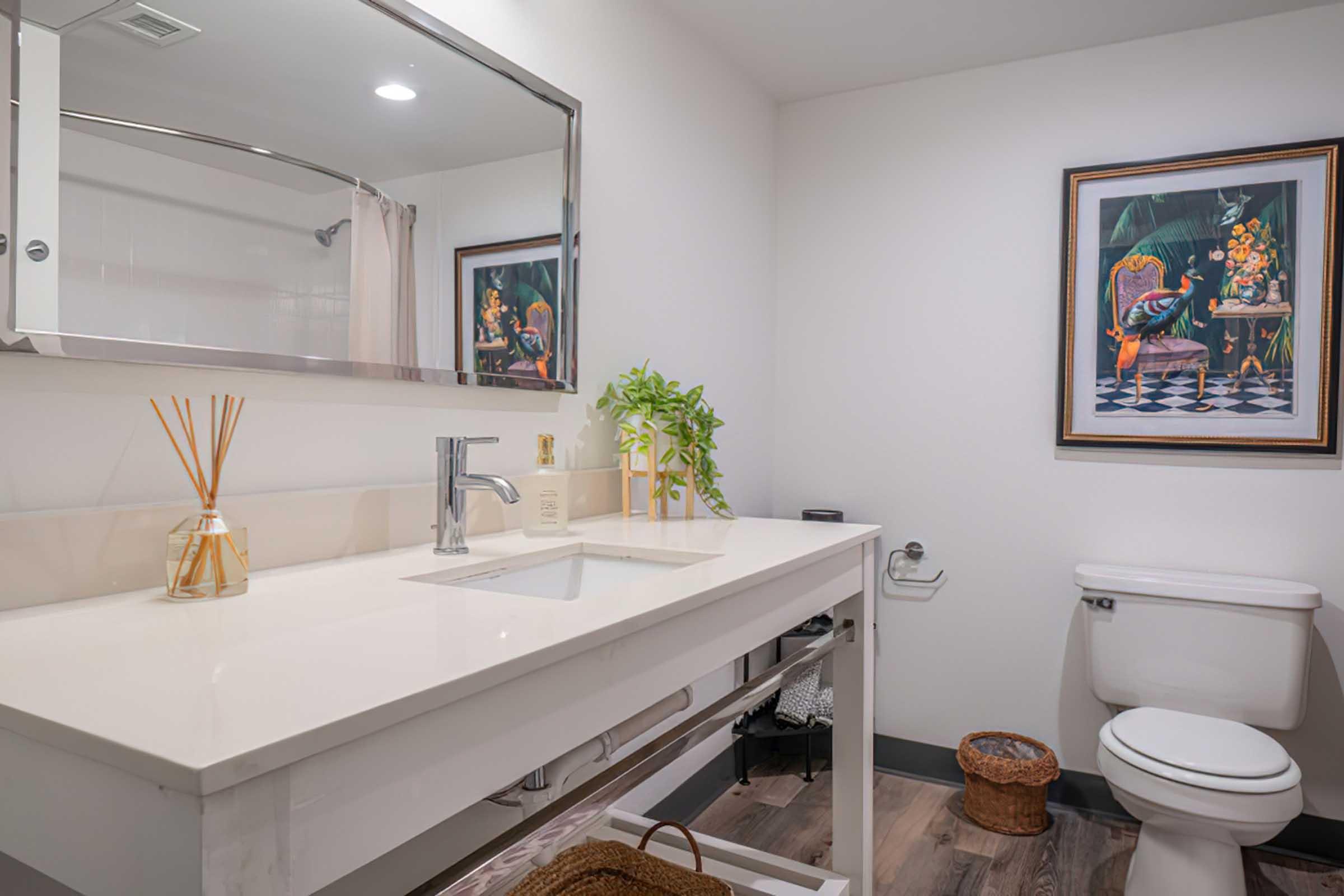 A modern bathroom featuring a white vanity with a sink and mirror, a decorative plant, and a basket. In the background, a shower curtain is visible, along with a toilet. A framed artwork depicting a seated figure with flowers adds a touch of style to the space. The flooring is wood-like for a contemporary look.
