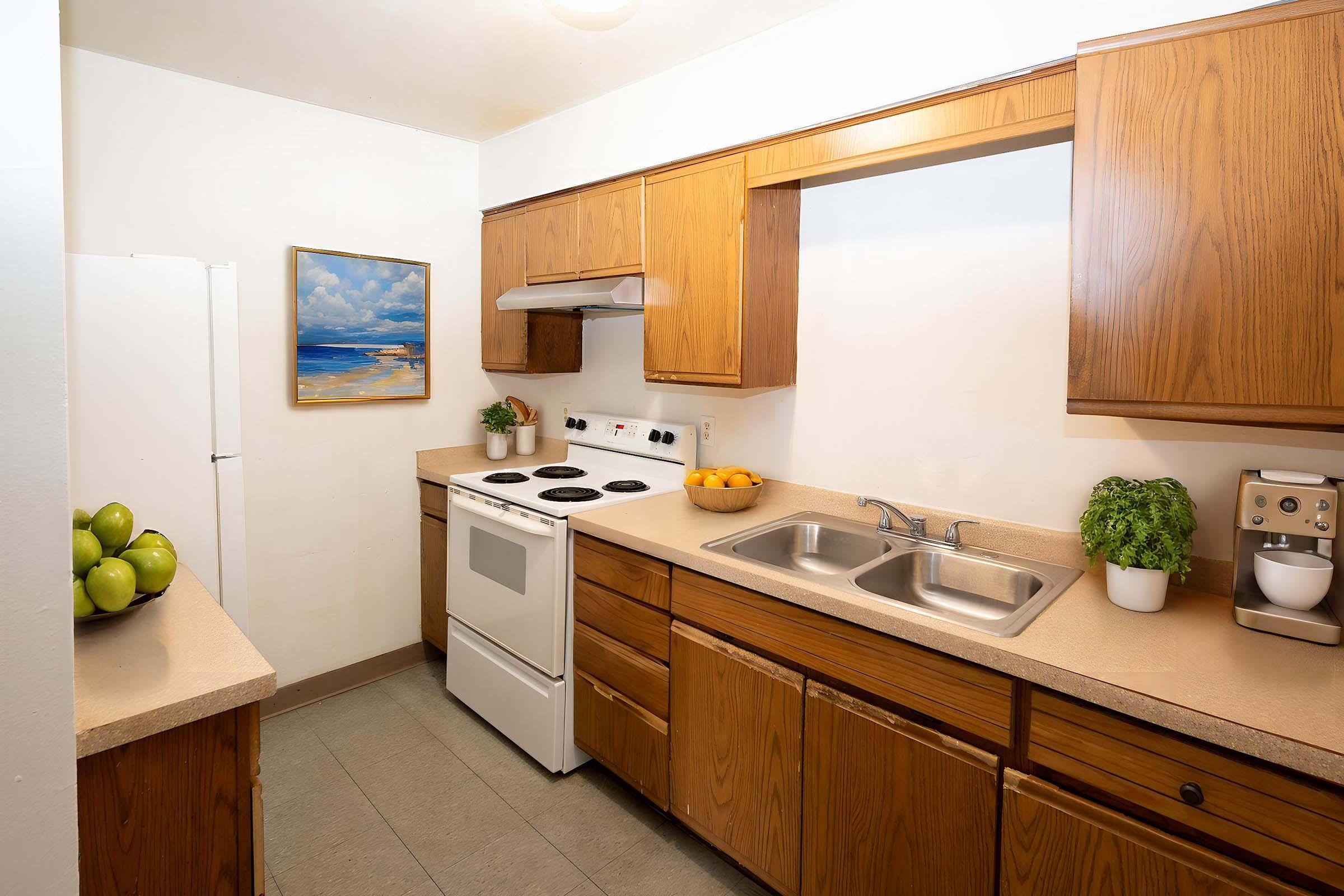 A bright and tidy kitchen featuring wooden cabinetry, a white stove and sink, and a countertop with a bowl of oranges and a small plant. There's a framed beach painting on the wall and a white refrigerator in the corner. The space is well-lit and organized, creating a warm and inviting atmosphere.