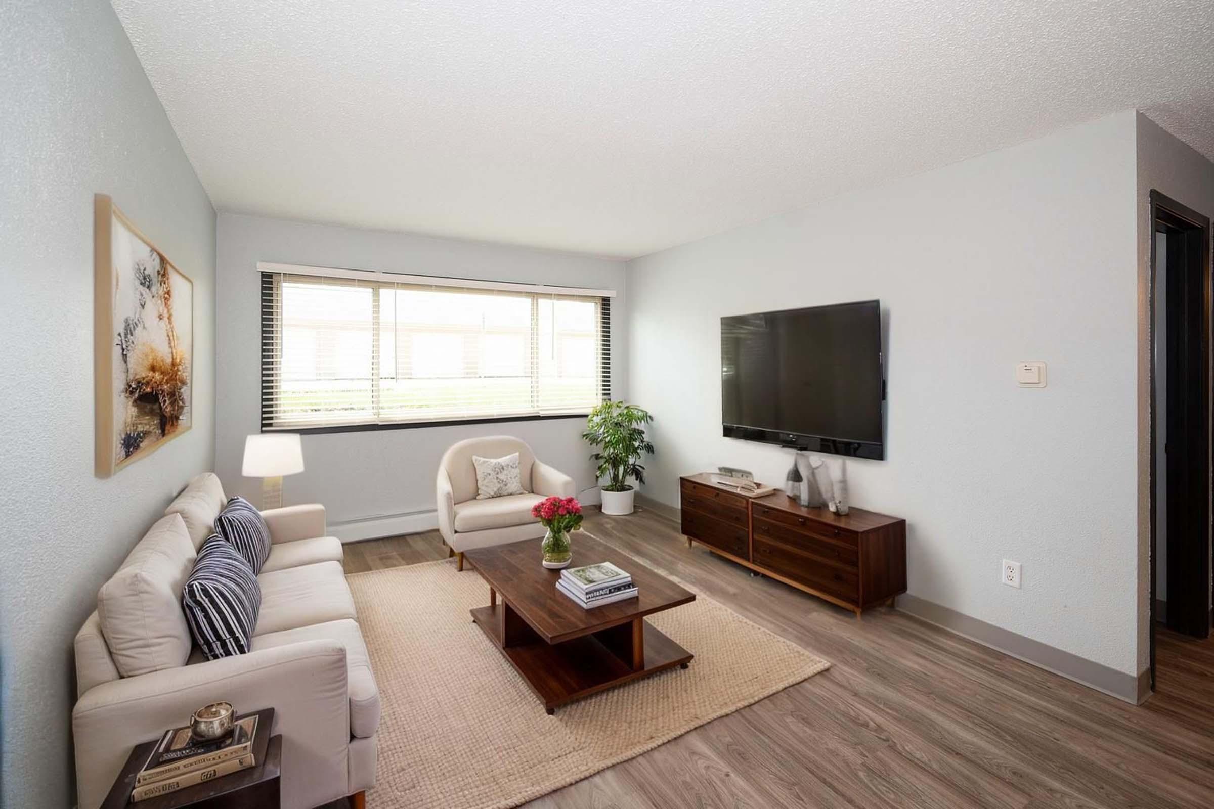 A cozy living room featuring a light-colored couch and armchair, a wooden coffee table with flowers, a leafy plant in the corner, and a large TV mounted on the wall. Natural light streams in through a large window with horizontal blinds, casting a warm ambiance over the space.