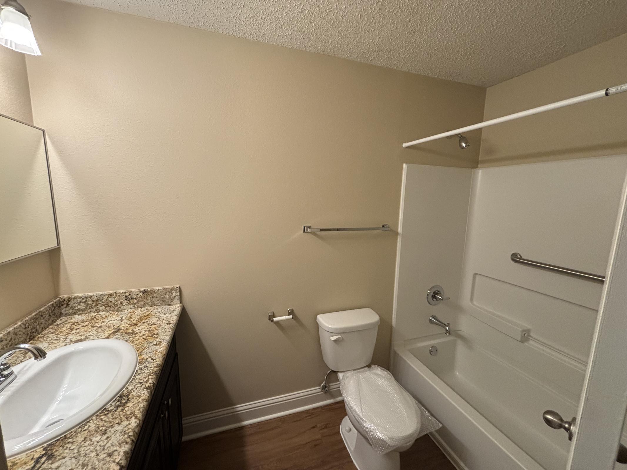 A clean, modern bathroom featuring a granite countertop with a sink and mirror, a toilet, and a bathtub with a shower curtain. The walls are painted a neutral color, and the flooring is a light-colored wood. A light fixture is mounted on the ceiling.