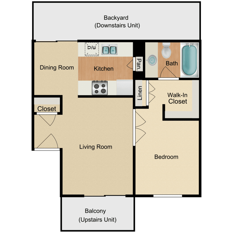 Plan 1, a 1 bedroom 1 bathroom floor plan.