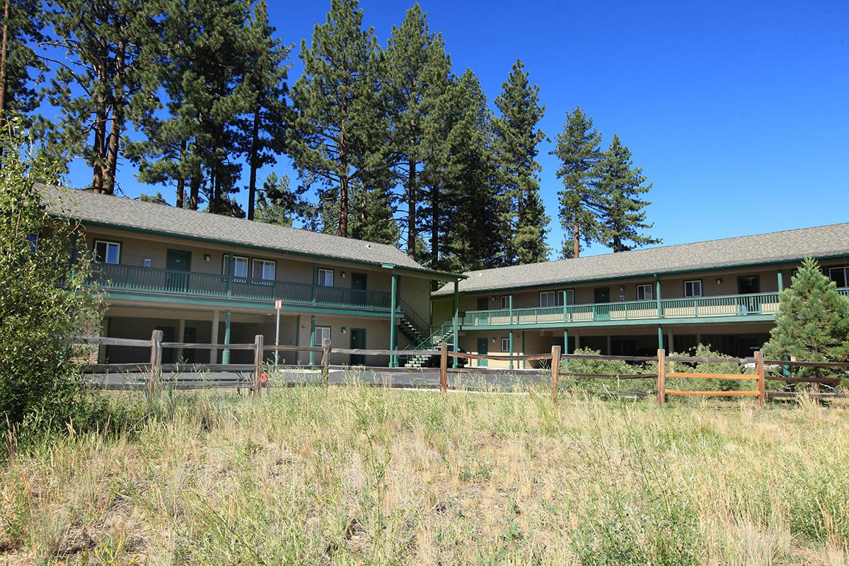 A two-story motel surrounded by tall pine trees and a grassy field. The building features multiple rooms with balconies, a staircase leading to the second floor, and a wooden fence in the foreground. The clear blue sky adds a serene atmosphere to the scene.