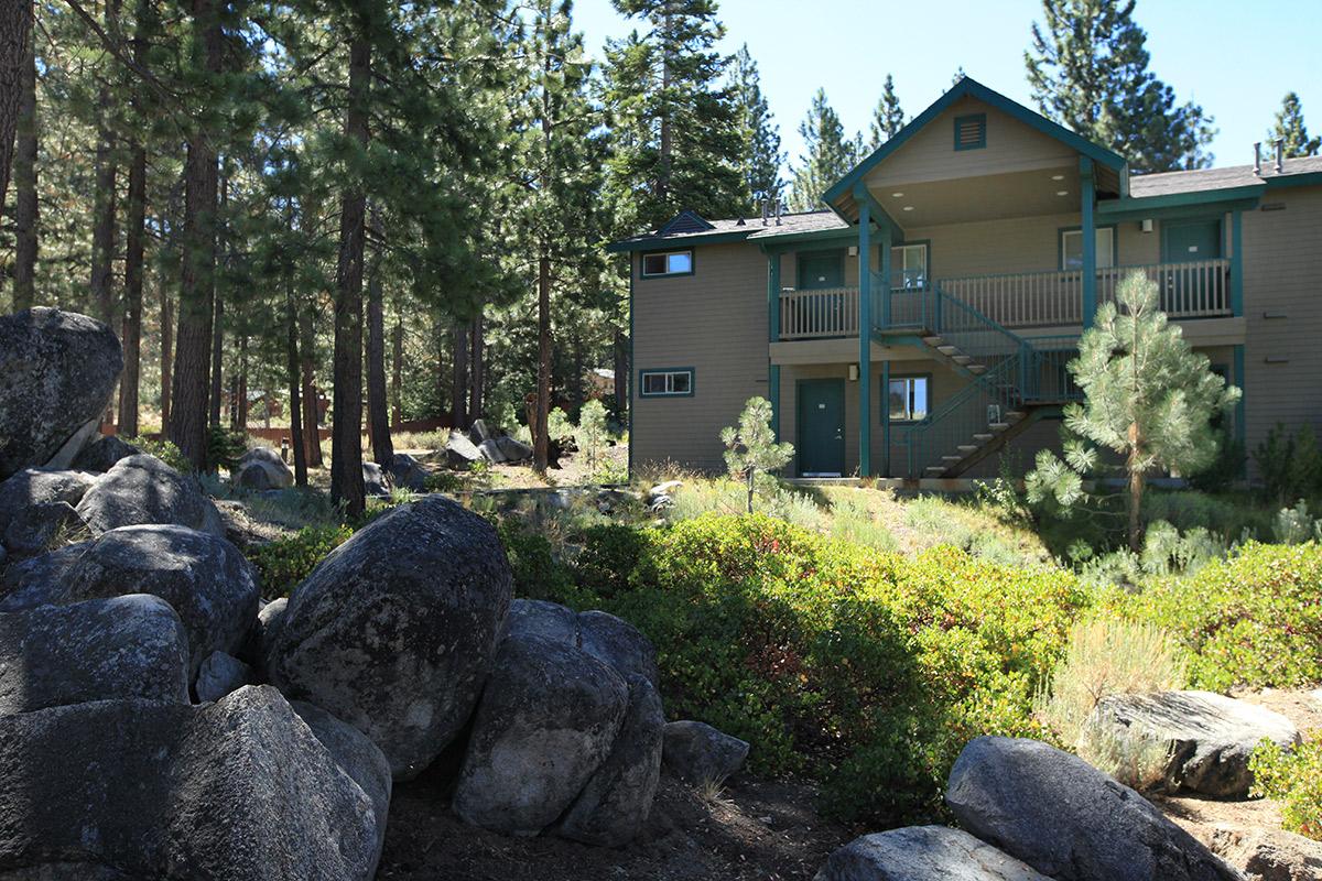 A two-story building nestled among tall pine trees and large boulders. The structure features a green and beige exterior, with a balcony on the upper level. Surrounding vegetation includes shrubs and grass, creating a natural, serene environment. Sunlight filters through the trees, adding to the tranquil atmosphere.