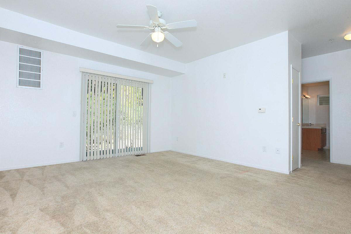 Empty room with beige carpet, white walls, and a ceiling fan. There's a sliding glass door with vertical blinds leading to an outdoor area. A doorway on the right leads to a bathroom. Natural light fills the space, creating a bright and airy atmosphere.