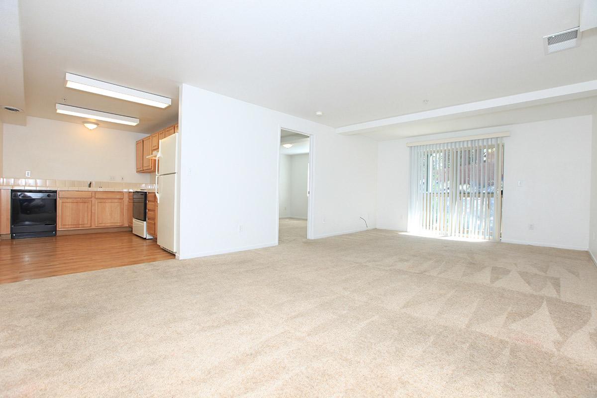 A spacious, empty living area featuring beige carpet flooring, a small kitchen with wooden cabinets and appliances on one side, and sliding glass doors leading to a patio. The walls are painted white, and there are fluorescent lights on the ceiling. The overall ambiance is bright and inviting.