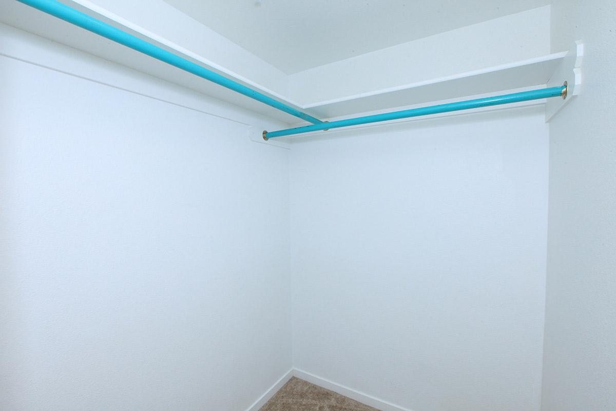 A clean, empty closet featuring white walls and carpet. Two turquoise rods are mounted along the top for hanging clothes, with ample space inside the closet. The overall atmosphere is bright and minimalistic.