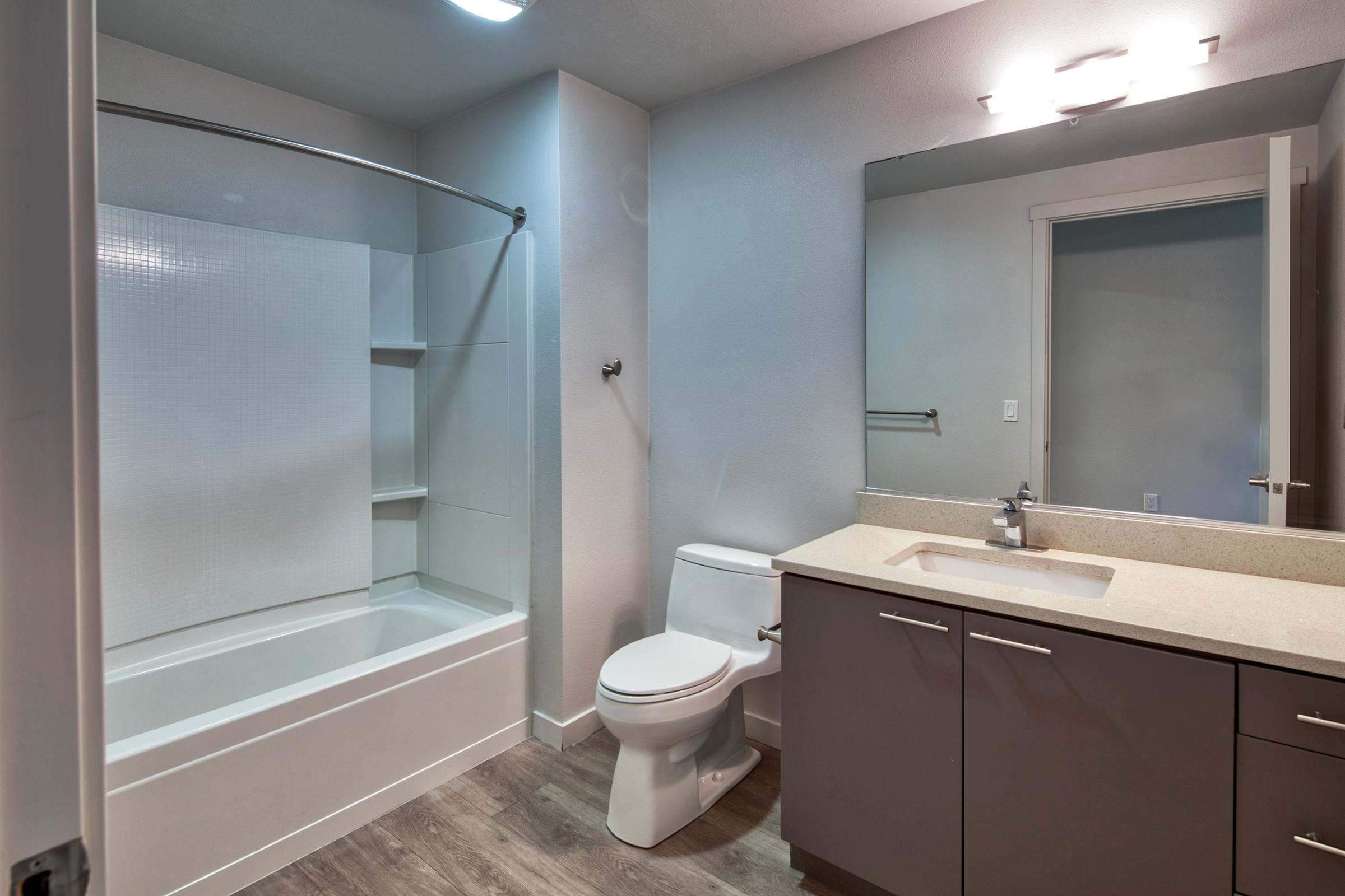 bathroom with mirror, sink, tub and shower.