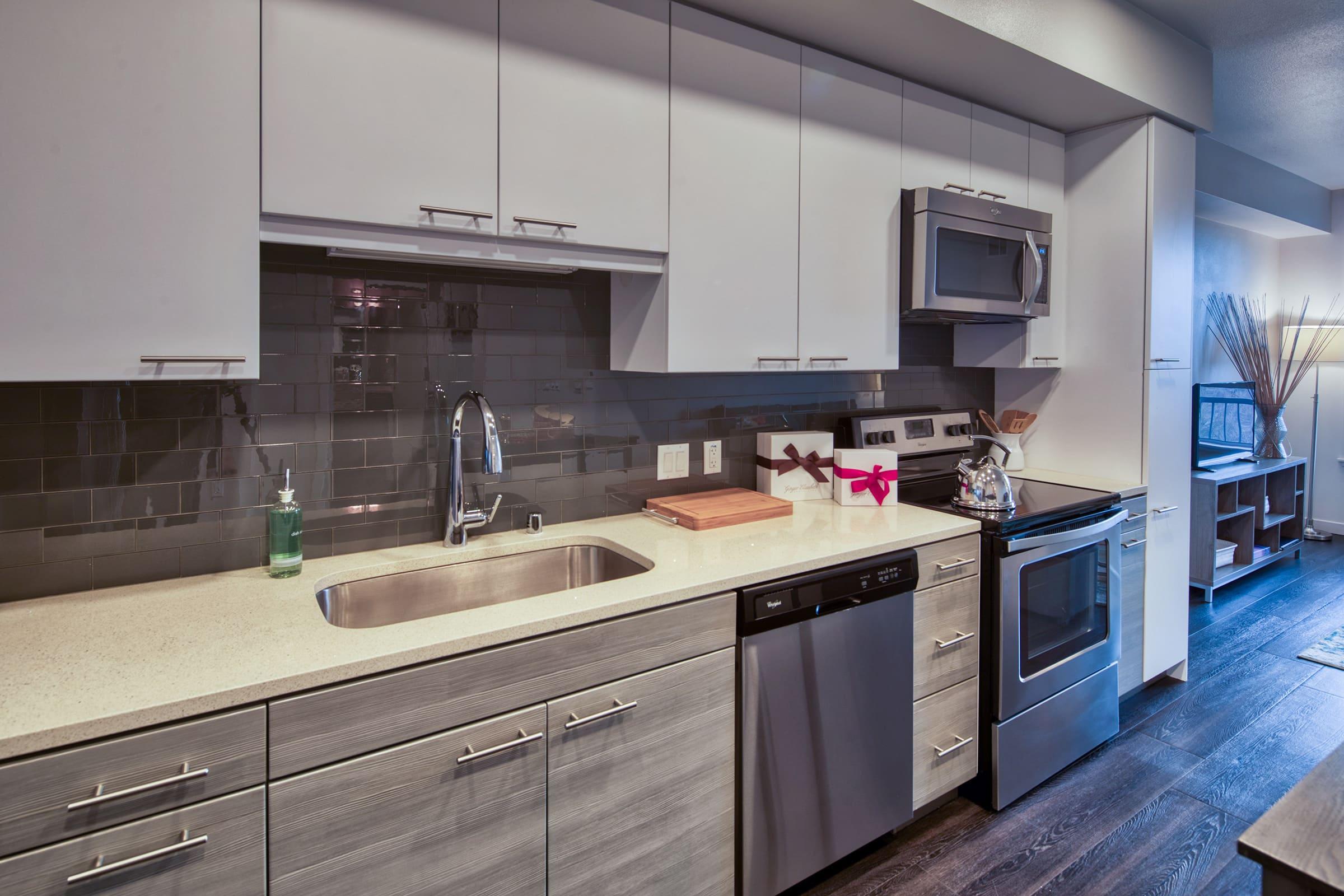 under mount sink with goose neck faucet and cabinets.