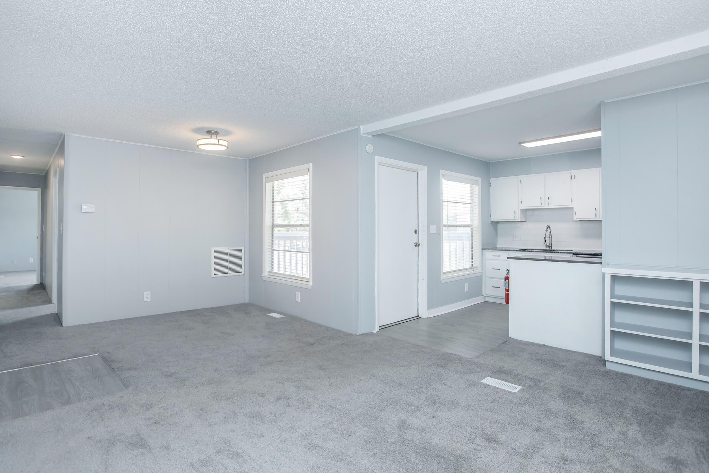 Interior view of a modern, light-filled room featuring gray carpeting and walls. The open layout includes a kitchen area with white cabinetry, a countertop, and a door leading outside. Large windows provide natural light, enhancing the spacious and inviting atmosphere of the living space.