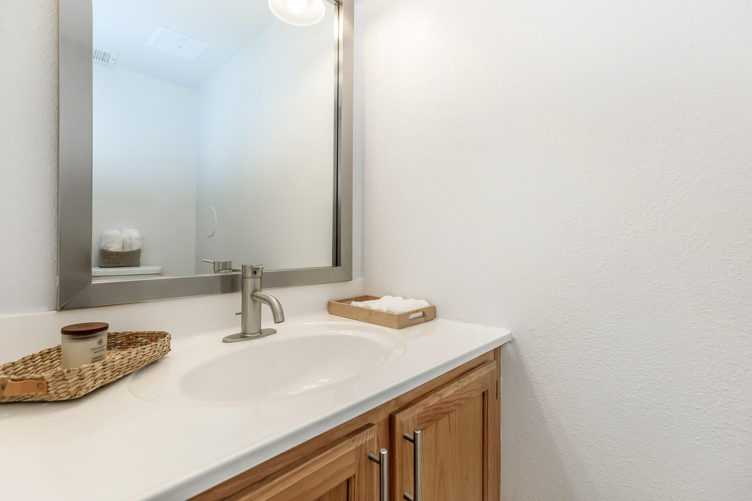 a double sink and large mirror