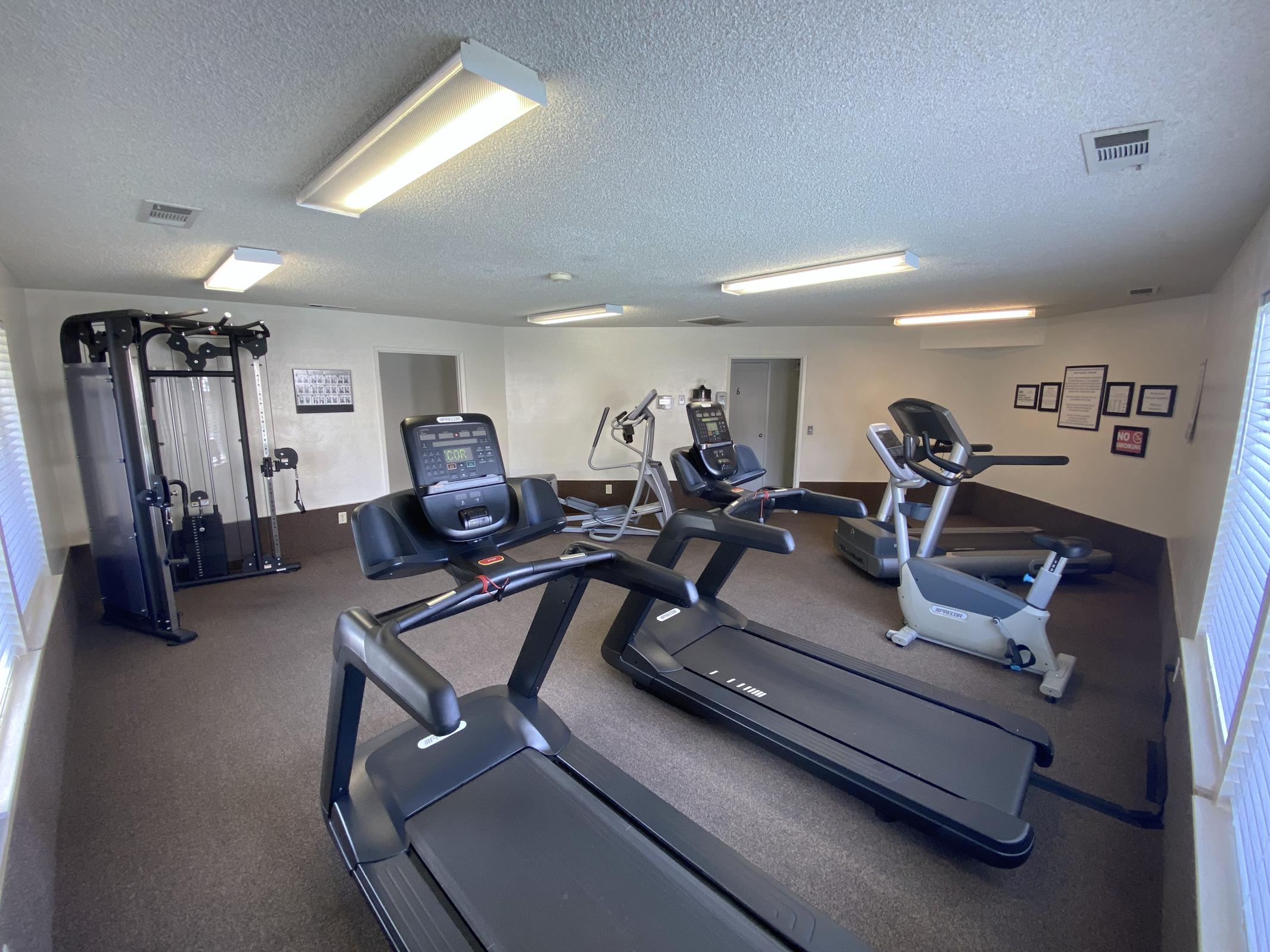 A fitness room featuring several exercise machines, including treadmills, an elliptical, and a weight machine. The space is well-lit with fluorescent lights and has carpeted flooring. There are windows allowing natural light and framed posters on the walls related to fitness.