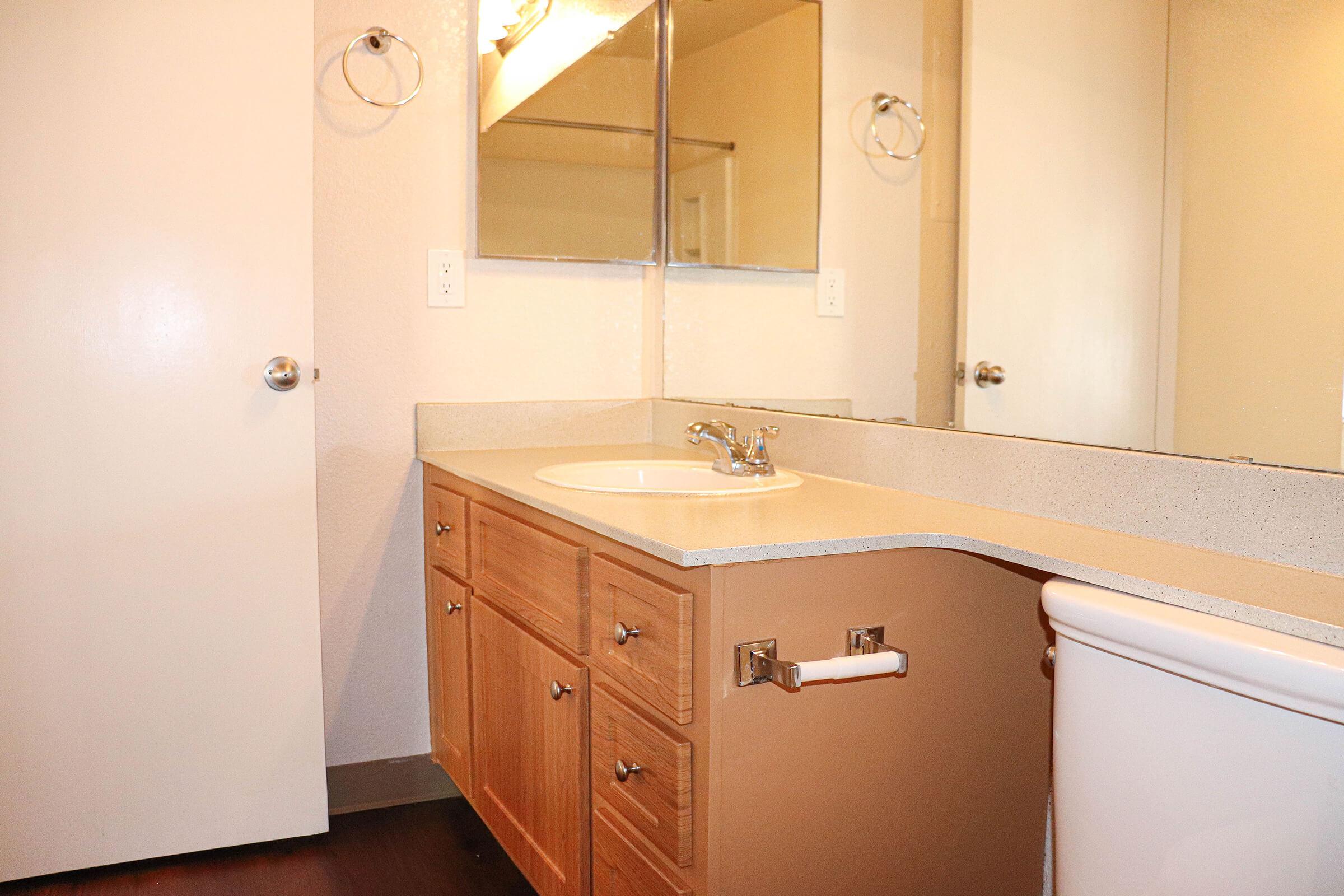 a white sink sitting under a mirror