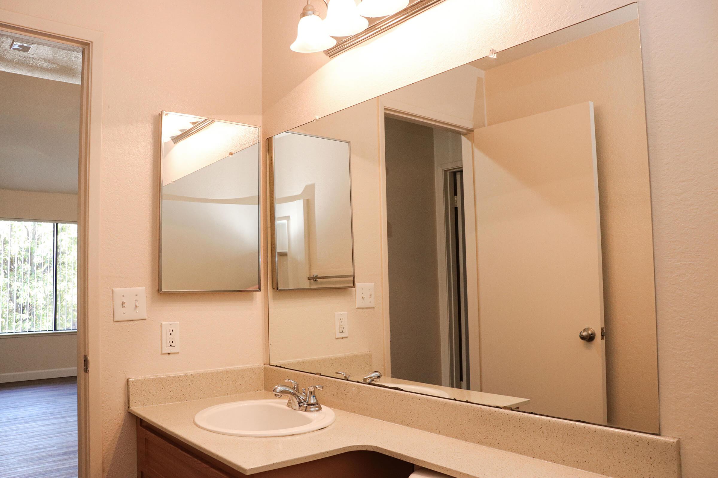 a double sink and large mirror