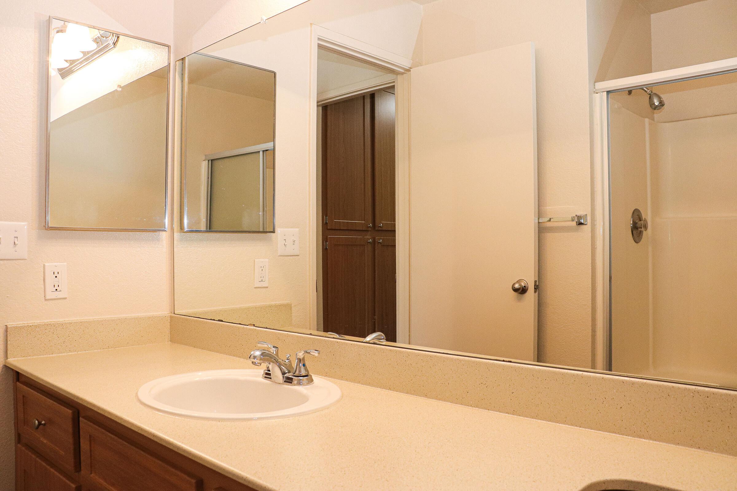 a double sink and large mirror