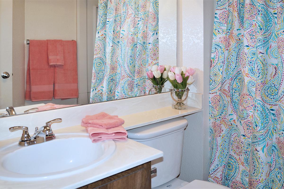 a shower curtain next to a sink