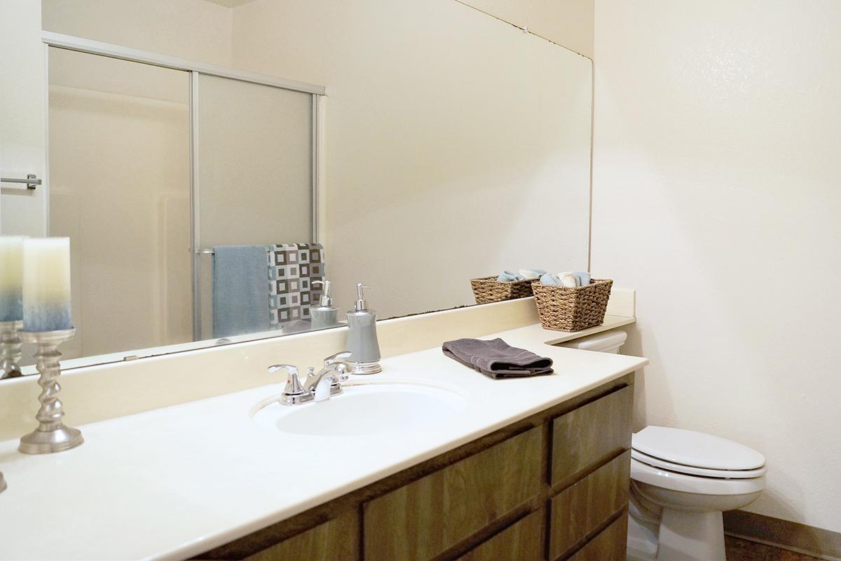 a counter with a sink and a mirror