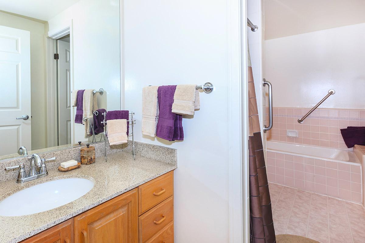 a kitchen with a sink and a mirror