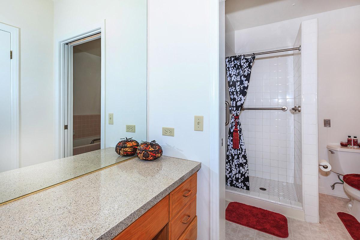 a bedroom with a shower and a sink
