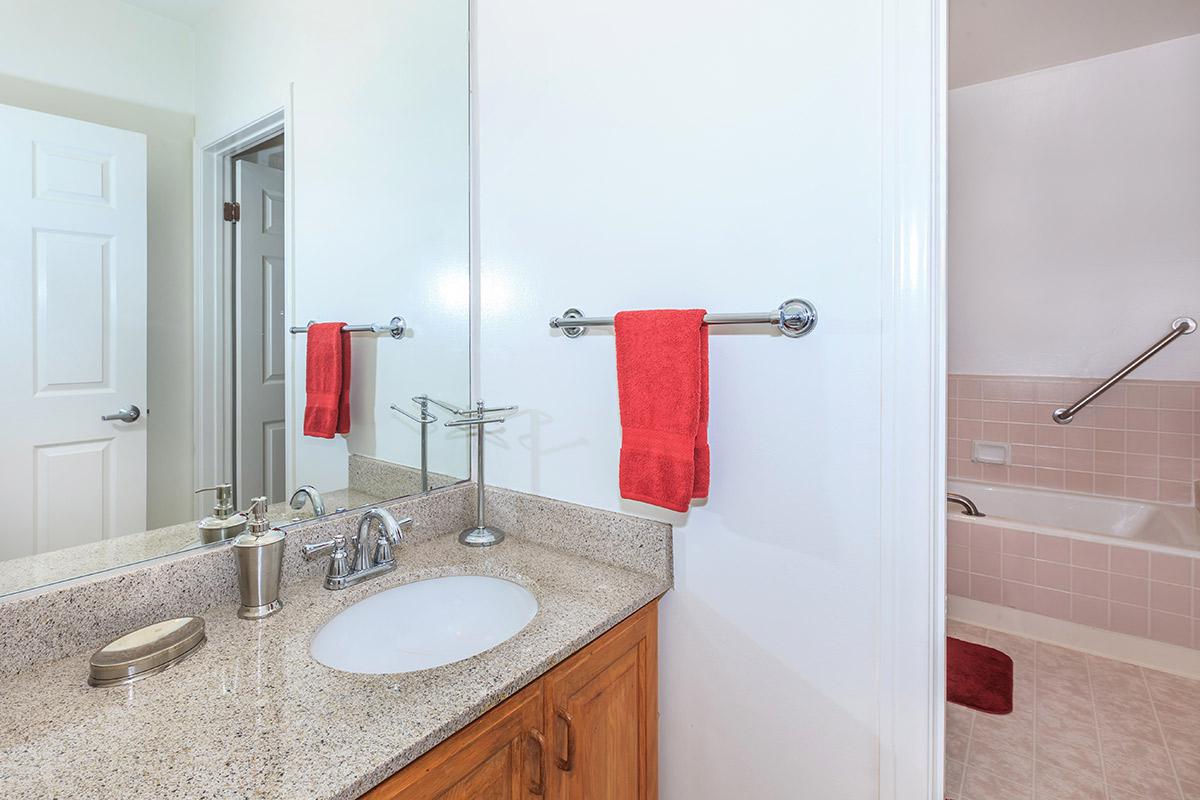 a room with a sink and a mirror