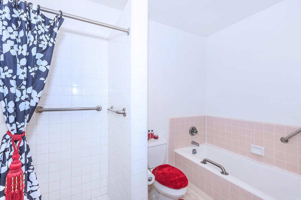 a red and white shower curtain