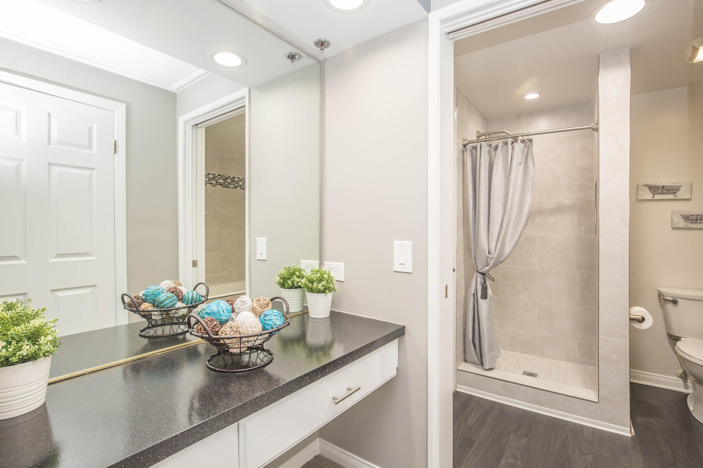 a room with a sink and a mirror