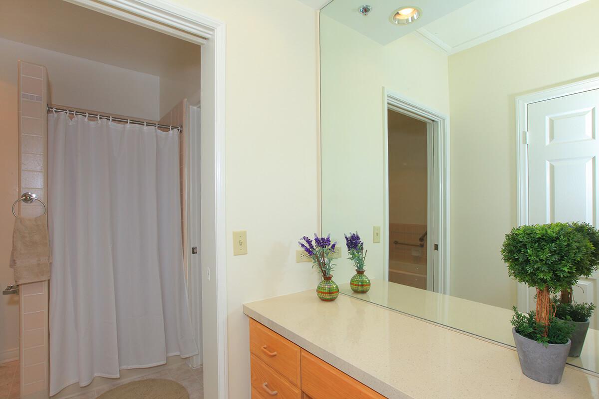 a room with a sink and a mirror