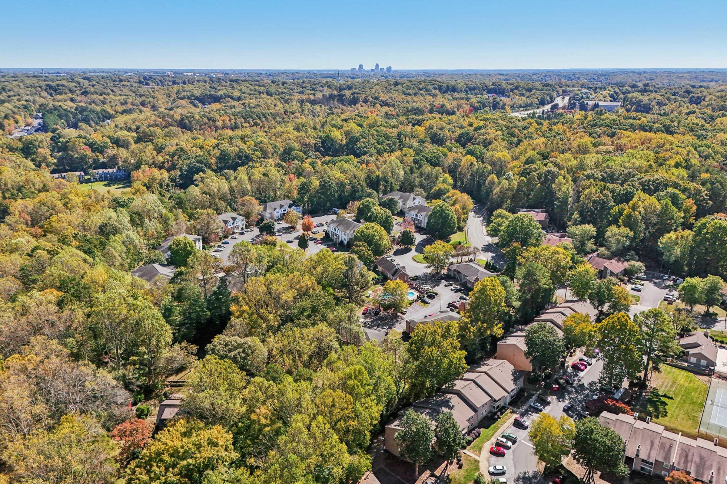 Aerial view of a suburban neighborhood surrounded by vibrant autumn foliage, with residential houses visible. In the background, a city skyline can be seen on the horizon. The scene captures a blend of nature and urban life under a clear blue sky.