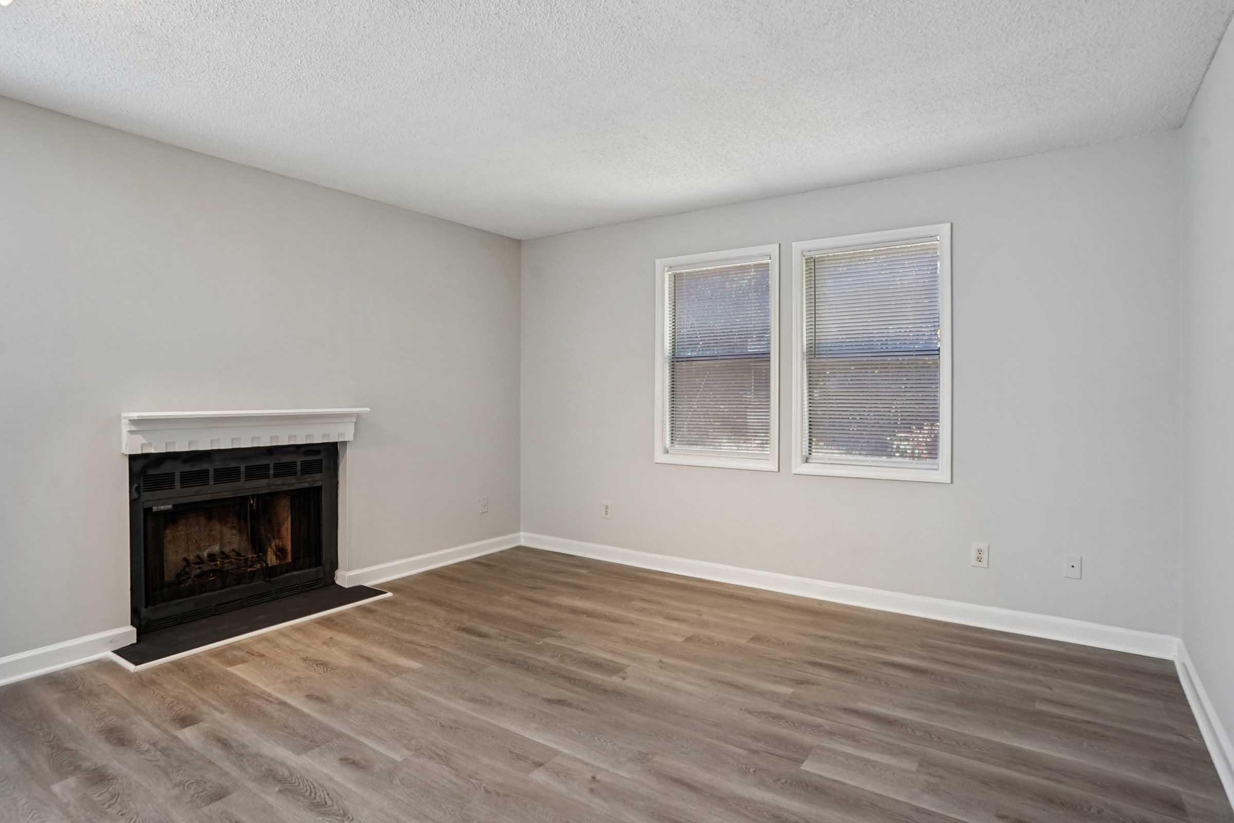 Empty room with light gray walls, featuring a black fireplace on one side. Two windows with white frames allow natural light to enter. The floor is covered in light-colored laminate, creating a clean, modern aesthetic.