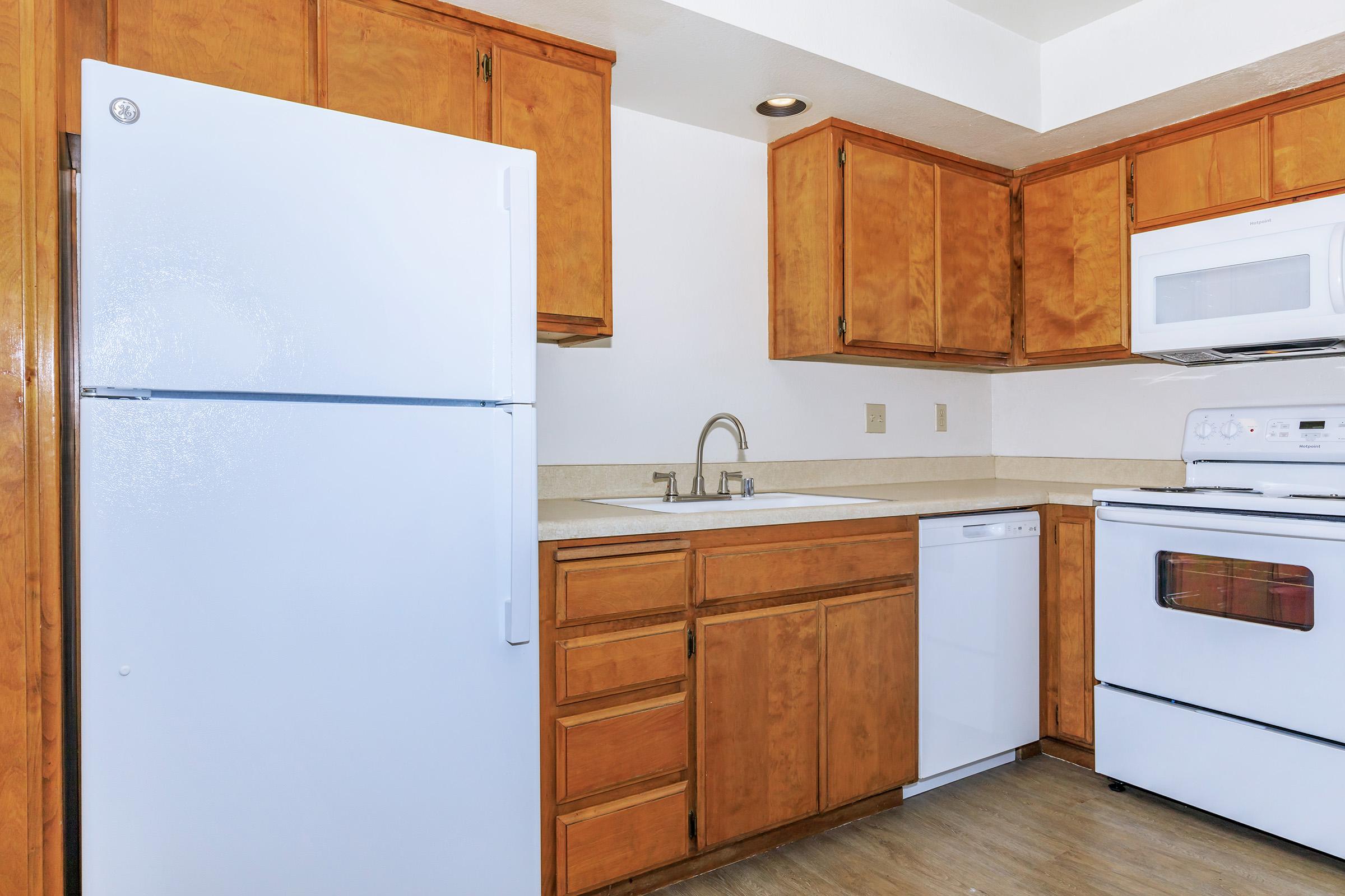 a kitchen with a stove and a refrigerator