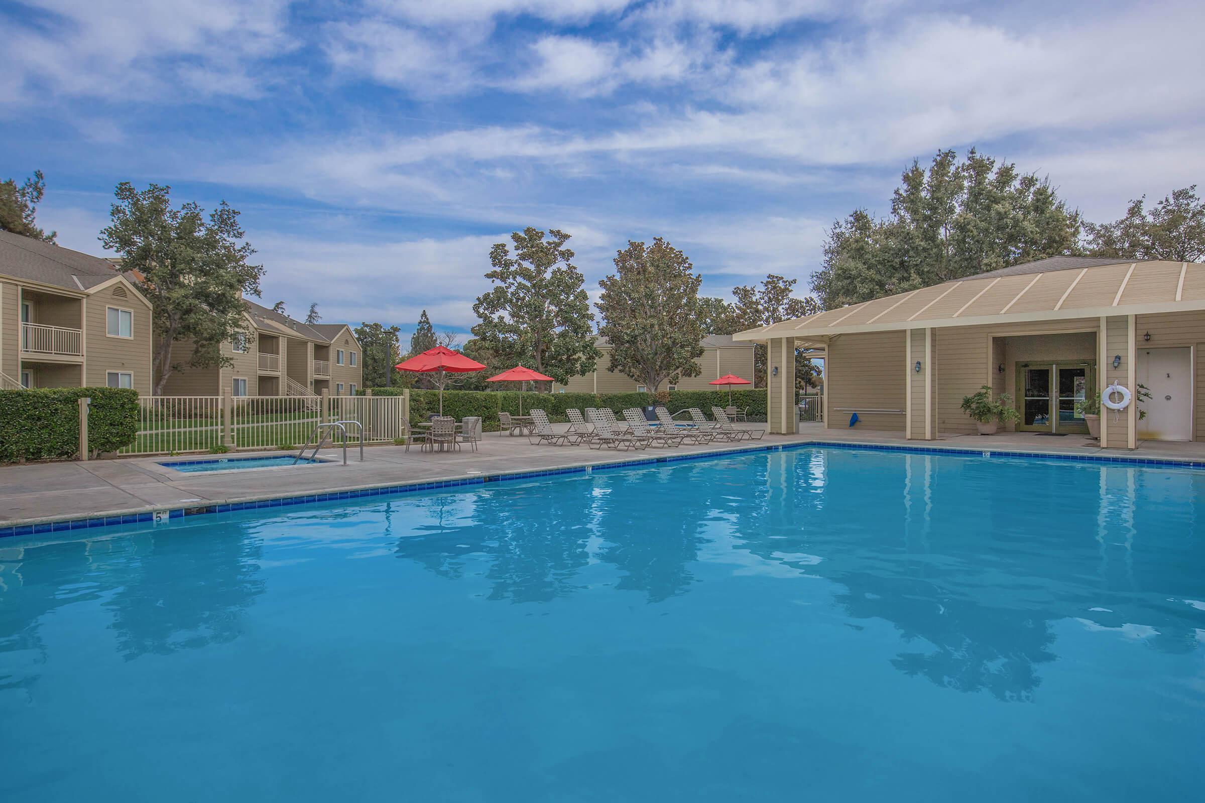 Community pool and spa with pool house