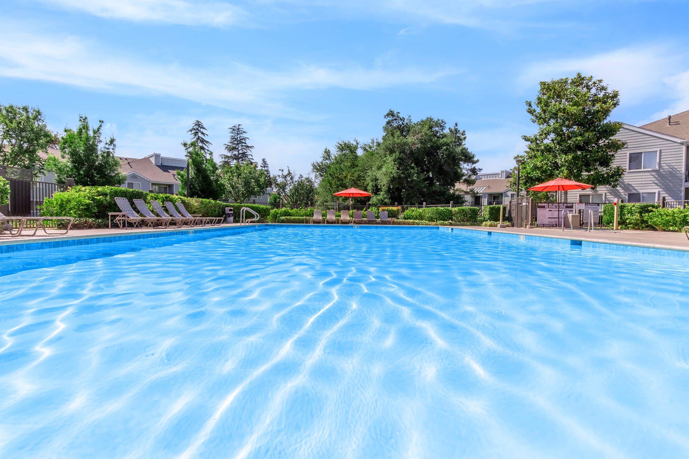 A clear blue swimming pool with lounge chairs and orange umbrellas around it, surrounded by lush greenery and residential buildings. The scene is set under a bright blue sky, creating a tranquil and inviting atmosphere for relaxation.