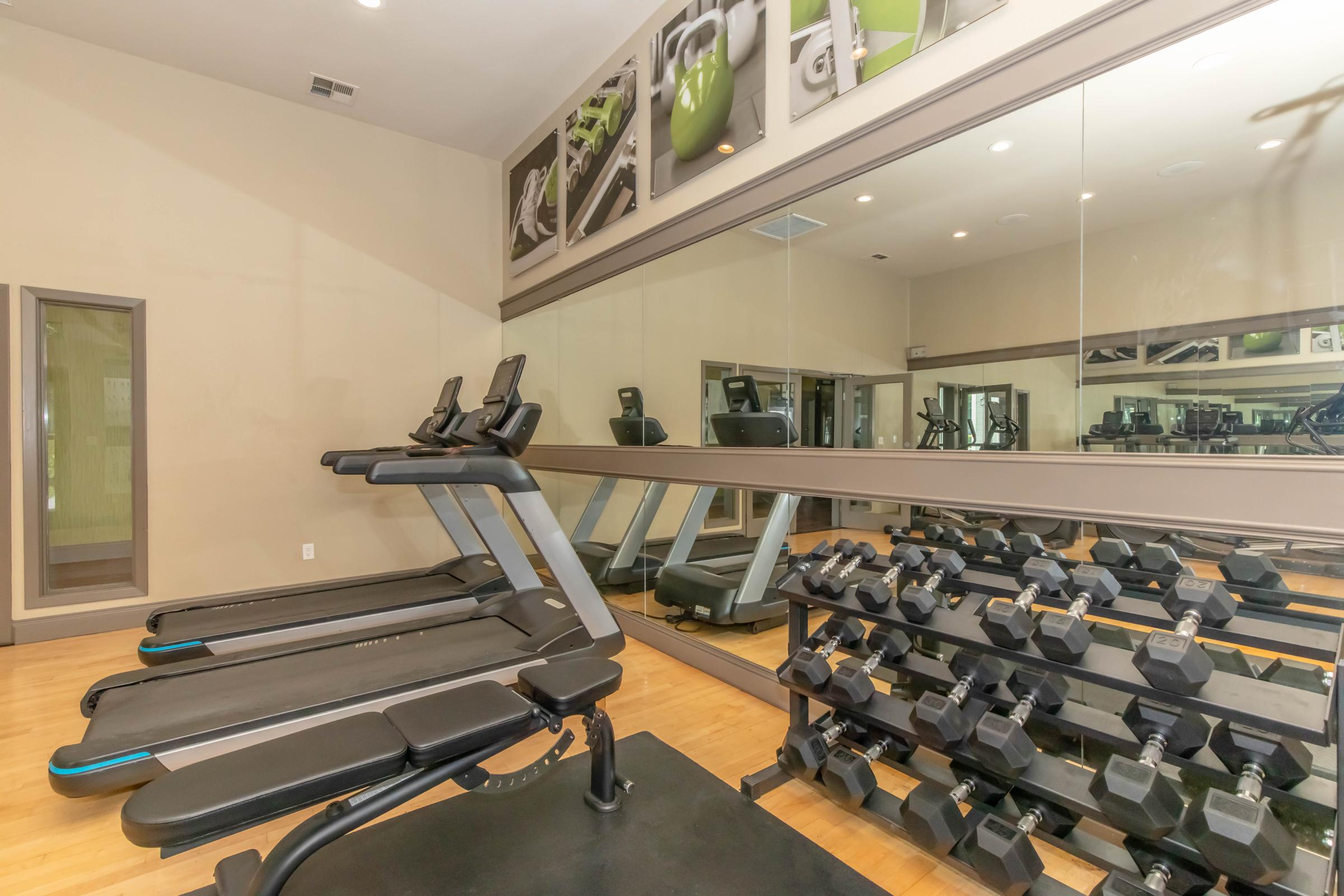 A modern gym interior featuring two treadmills facing a large mirror, with a rack of dumbbells nearby. The walls display fitness-themed artwork, and the space is well lit, creating an inviting atmosphere for workouts.