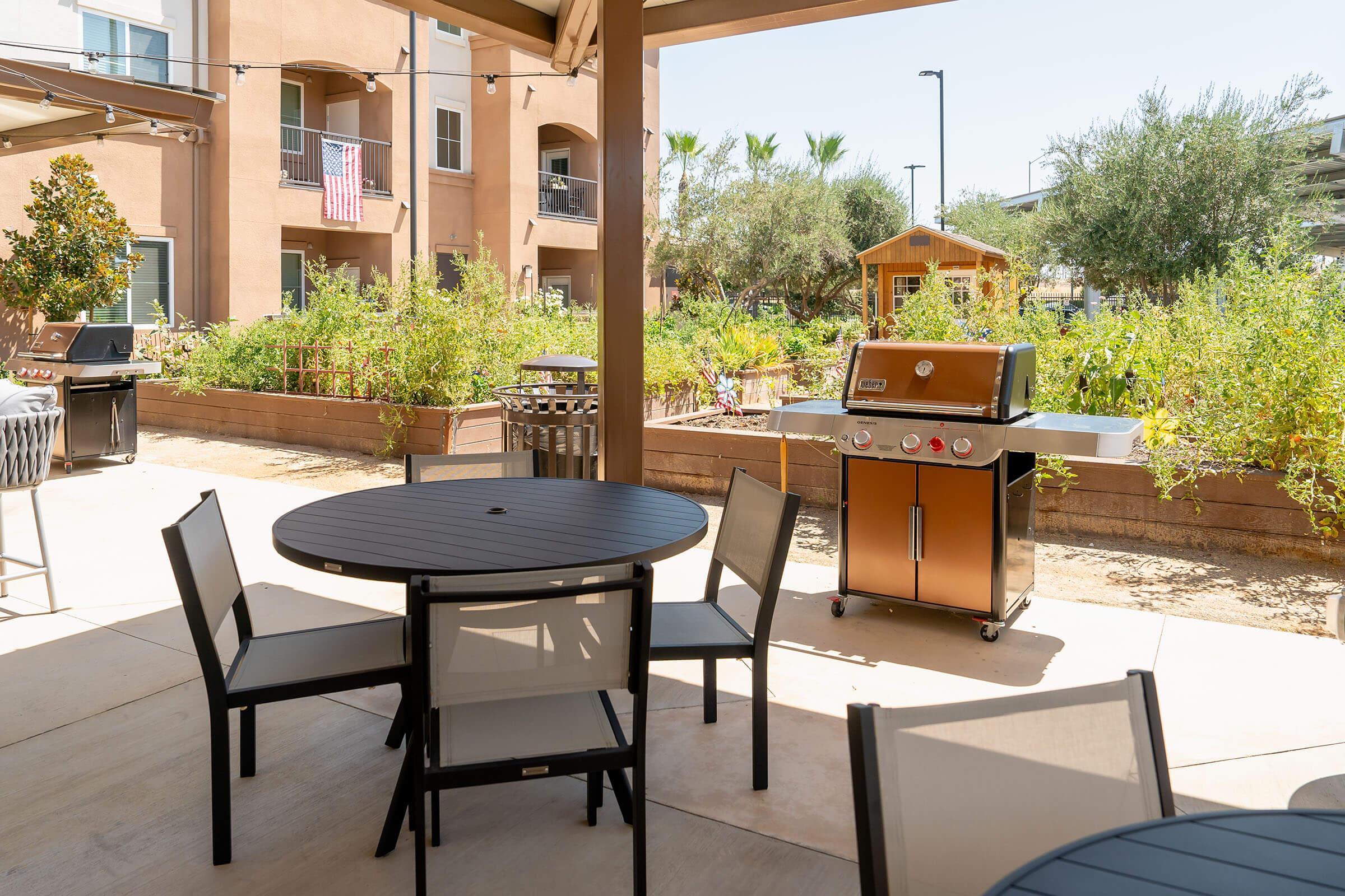 a dining room table in front of a building