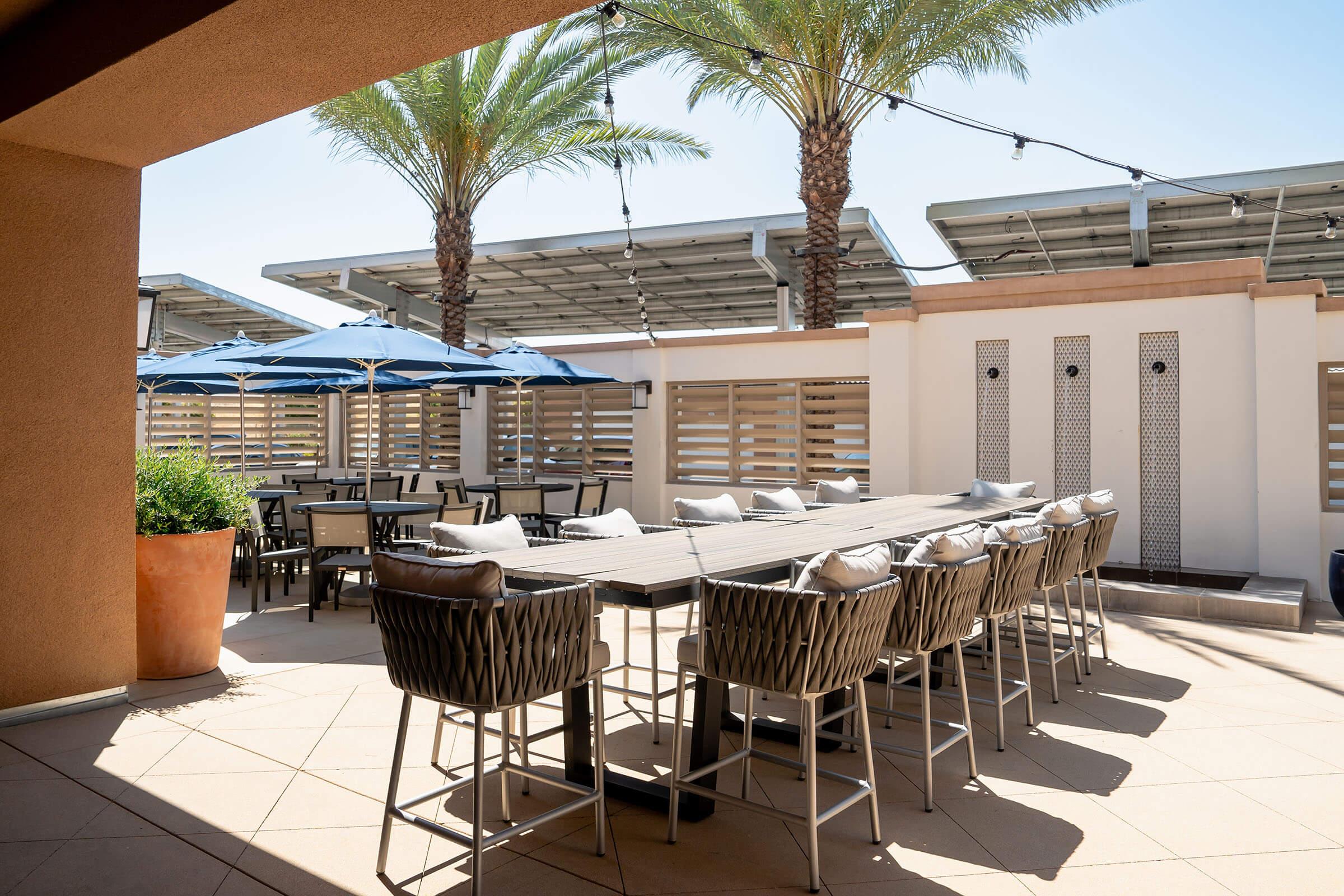 a dining room table in front of a building