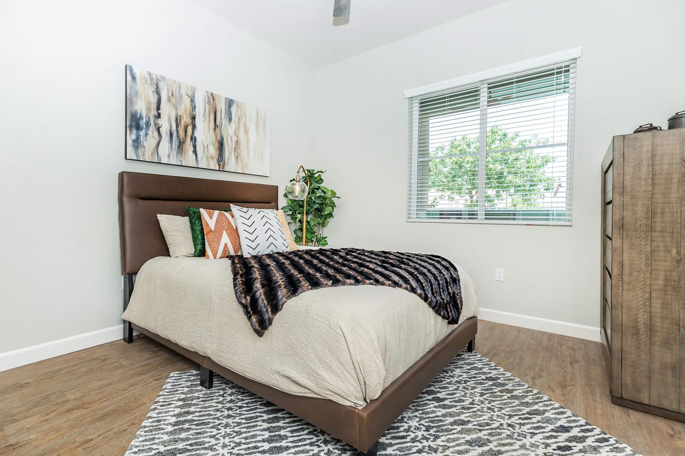 a living room with a bed and a rug