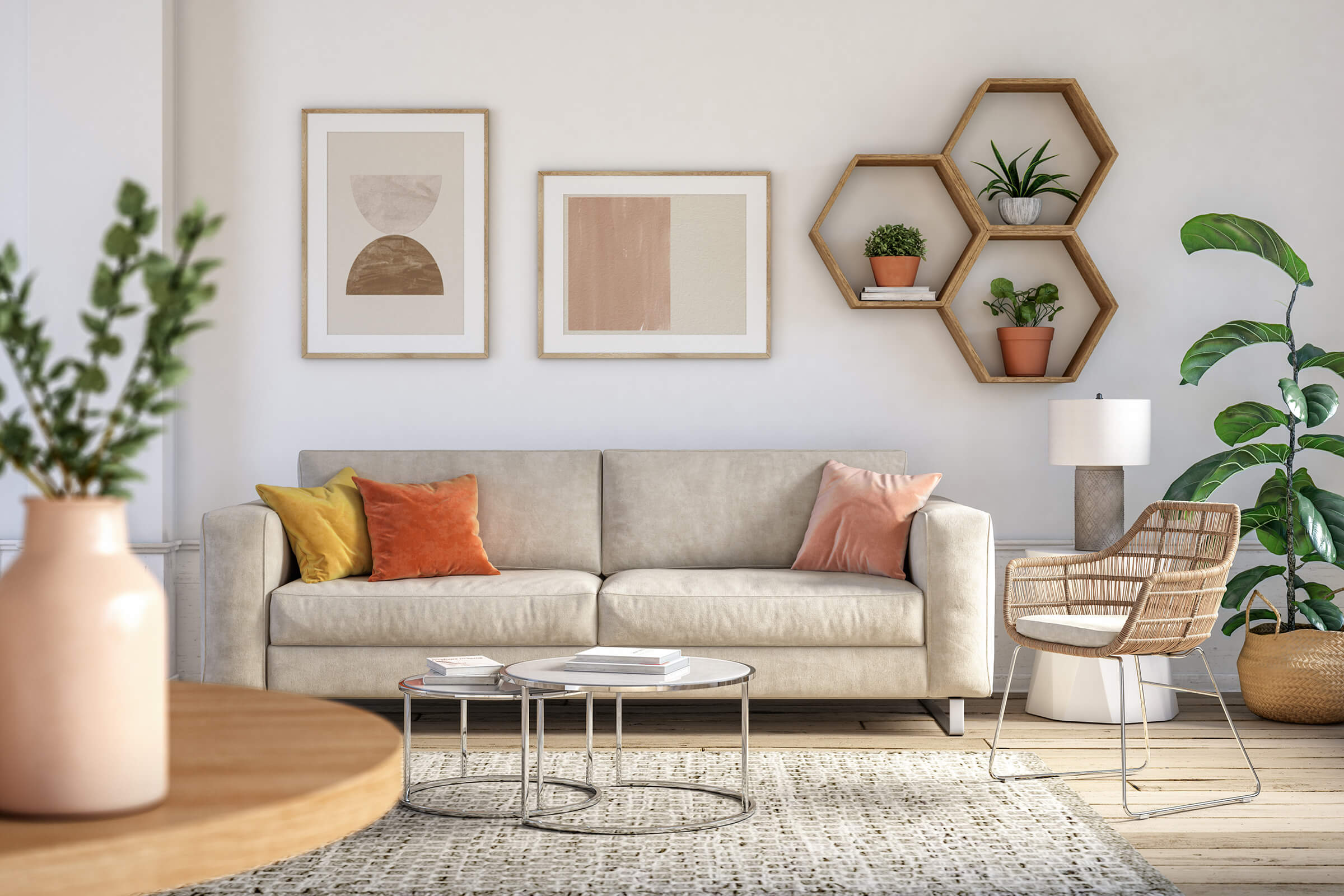 a living room filled with furniture and a fire place