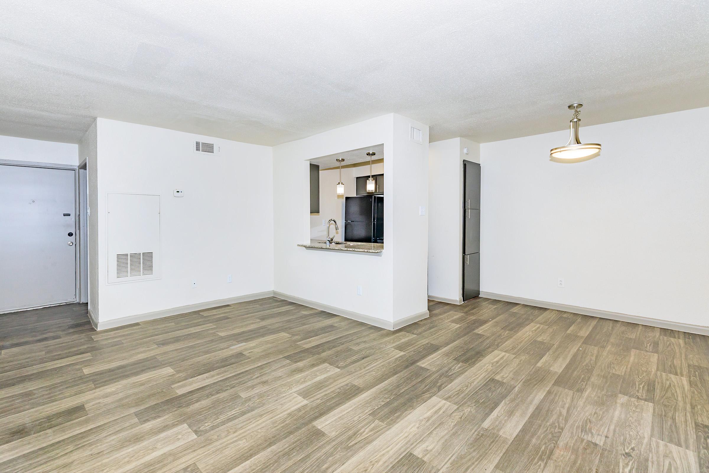 A spacious living area featuring light-colored walls and wood-style flooring. To the left, there’s an entrance door and a small wall unit. An open kitchen area with modern appliances is visible at the far end, along with a pendant light hanging from the ceiling. The space is well-lit and inviting.