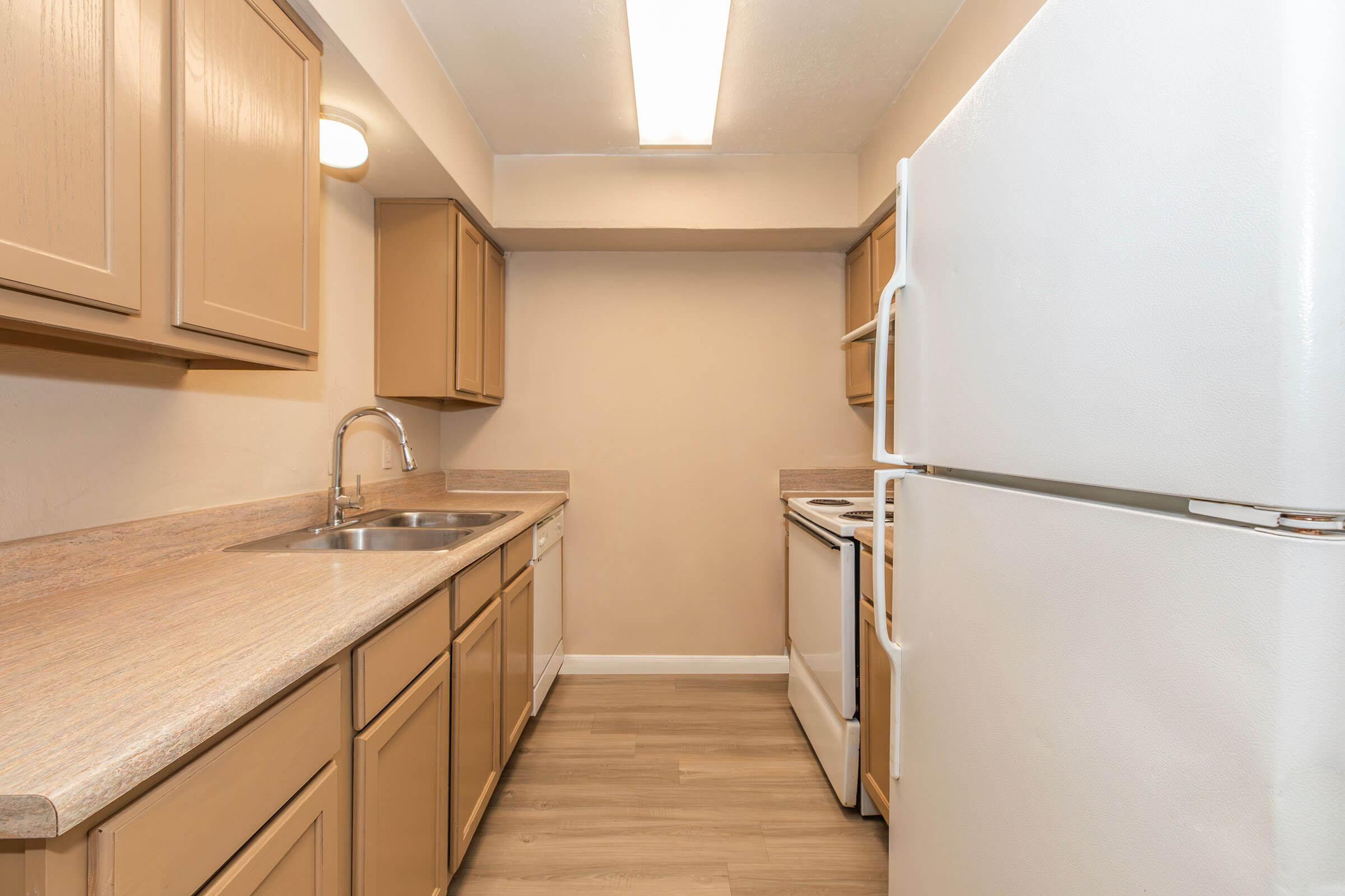 a kitchen with a sink and a refrigerator