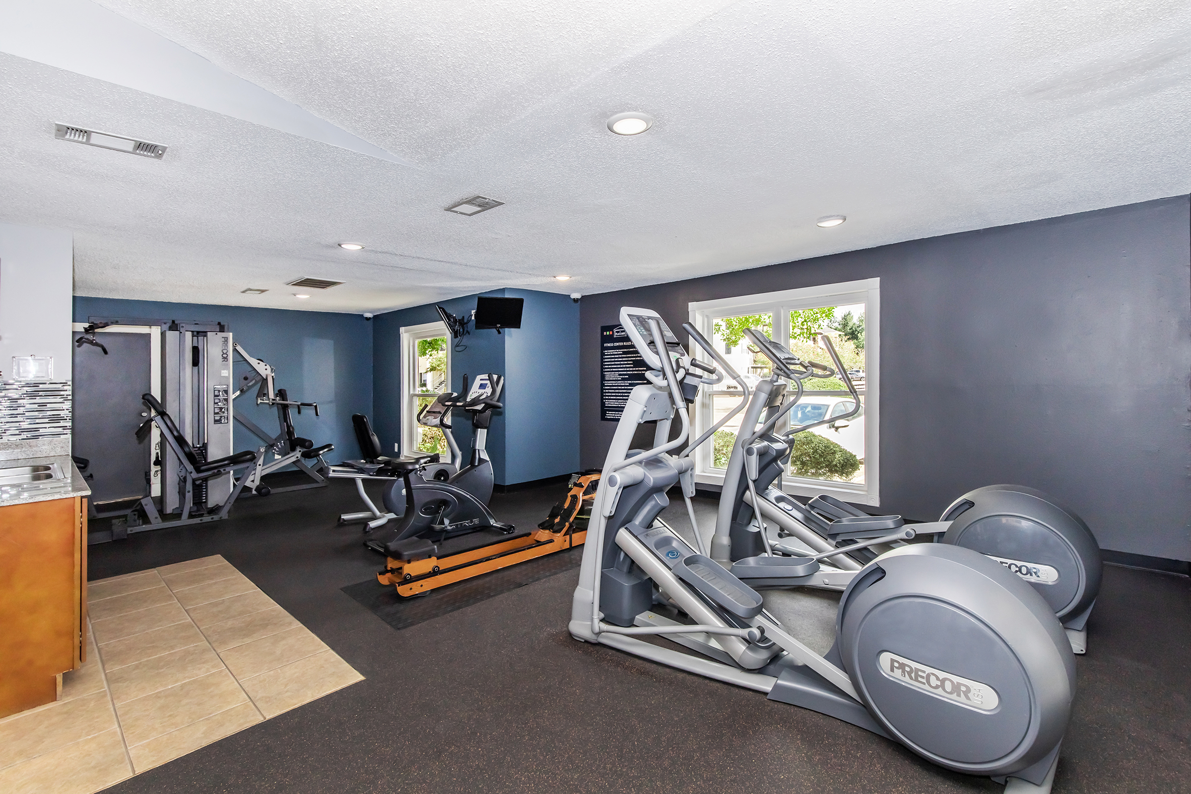 A modern gym interior featuring various exercise equipment, including elliptical trainers, weight machines, and a cable machine. The space has neutral-colored walls, bright lighting, and large windows allowing natural light. There's a flat-screen TV mounted on the wall.