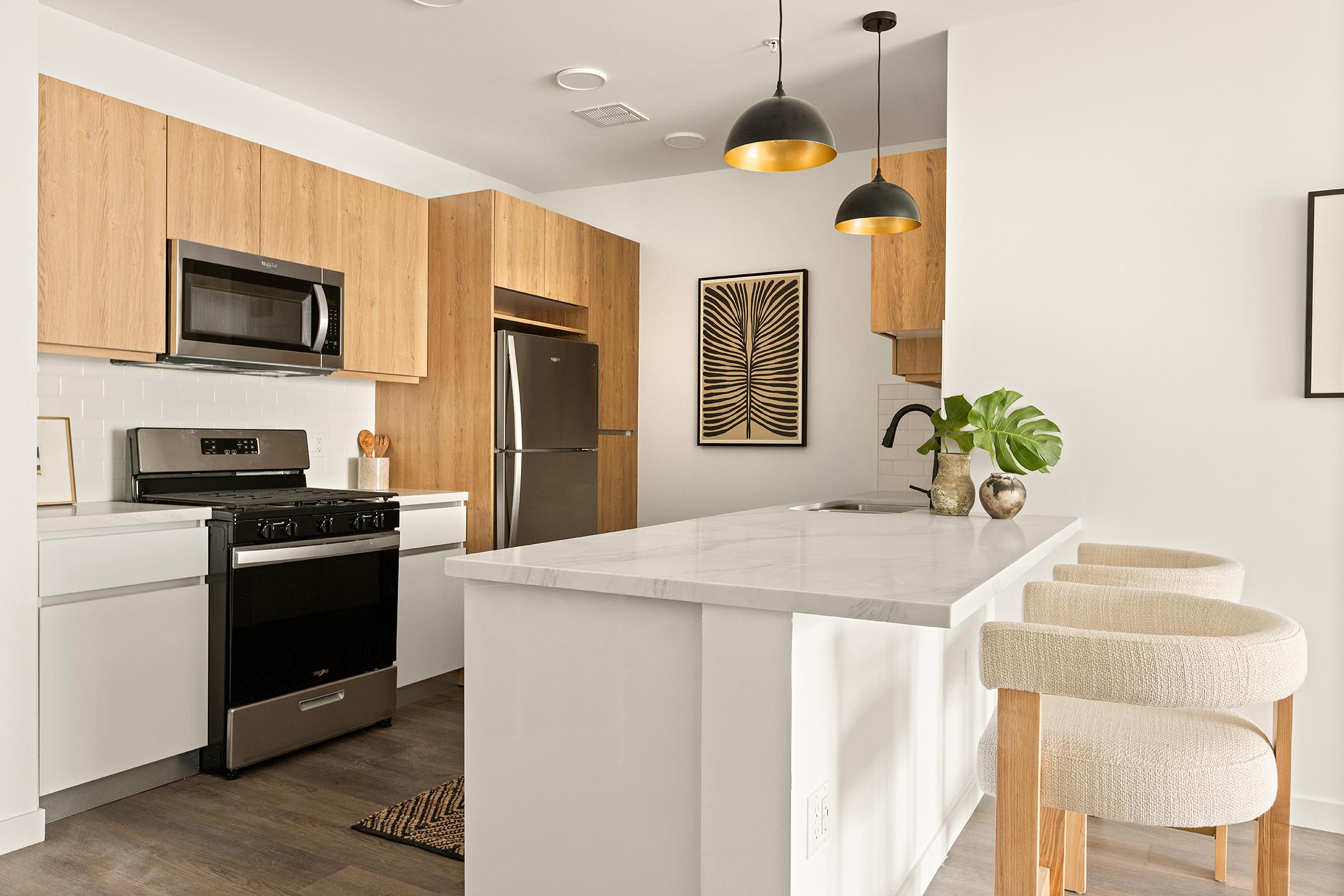 Modern kitchen featuring light wood cabinets, stainless steel appliances, and a marble countertop island with seating. The decor includes pendant lights, a framed wall art piece, and a small plant, creating a stylish and inviting atmosphere.