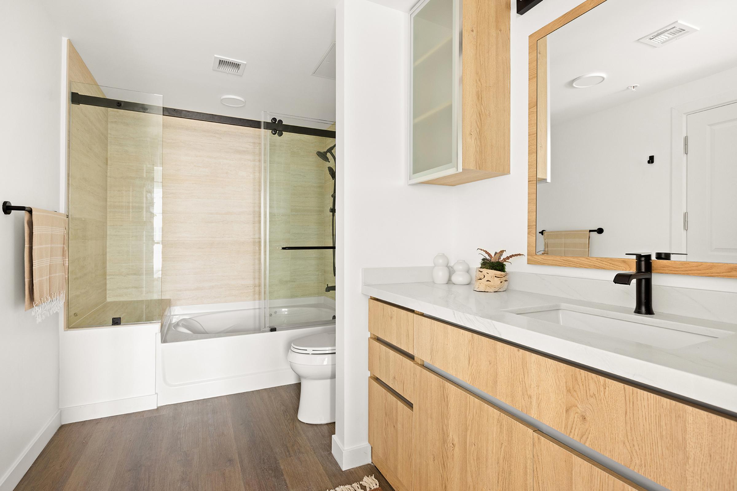 Modern bathroom featuring a glass shower enclosure, a light wood vanity with a white countertop, a large mirror, and a toilet. The decor includes a towel rack, a small styling plant, and neutral-colored walls. Soft lighting enhances the spacious and clean design.