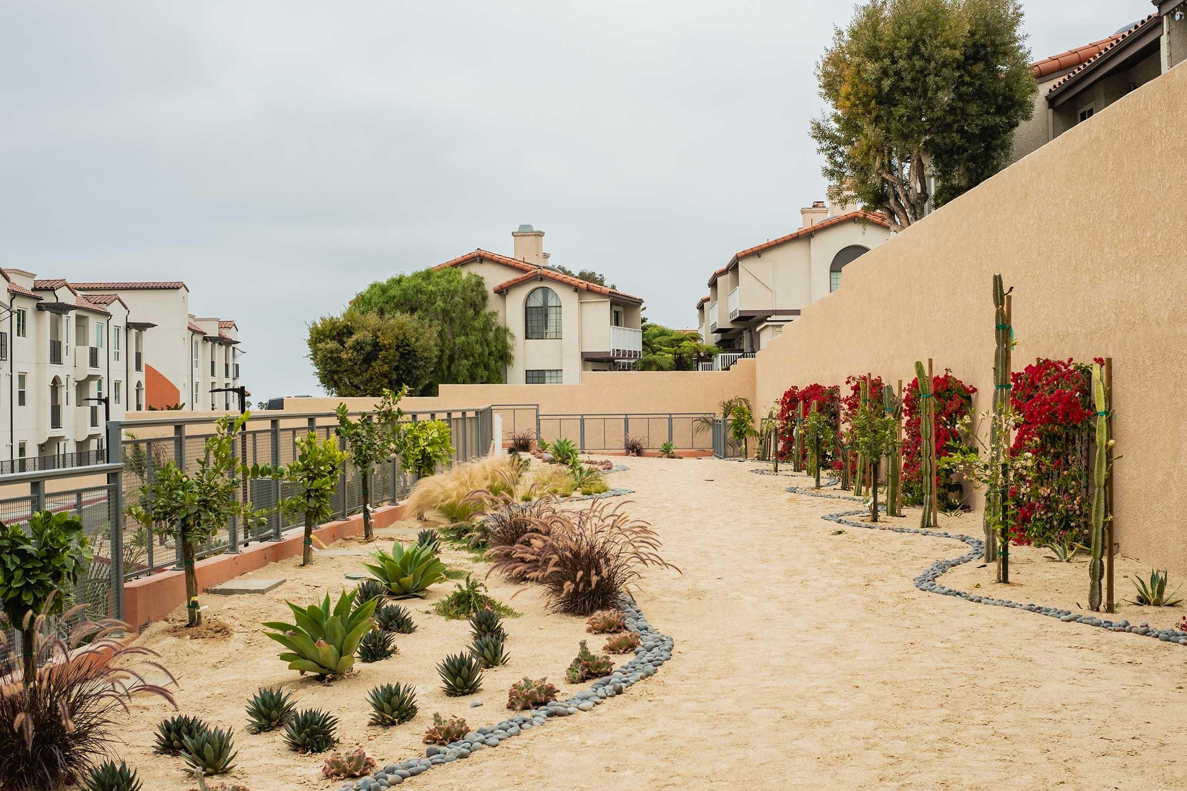 A landscaped pathway lined with various plants, including cacti and flowering bushes, leads through a sandy area. In the background, residential buildings with a Mediterranean architectural style are visible under a cloudy sky. The scene conveys a serene, tranquil garden atmosphere.
